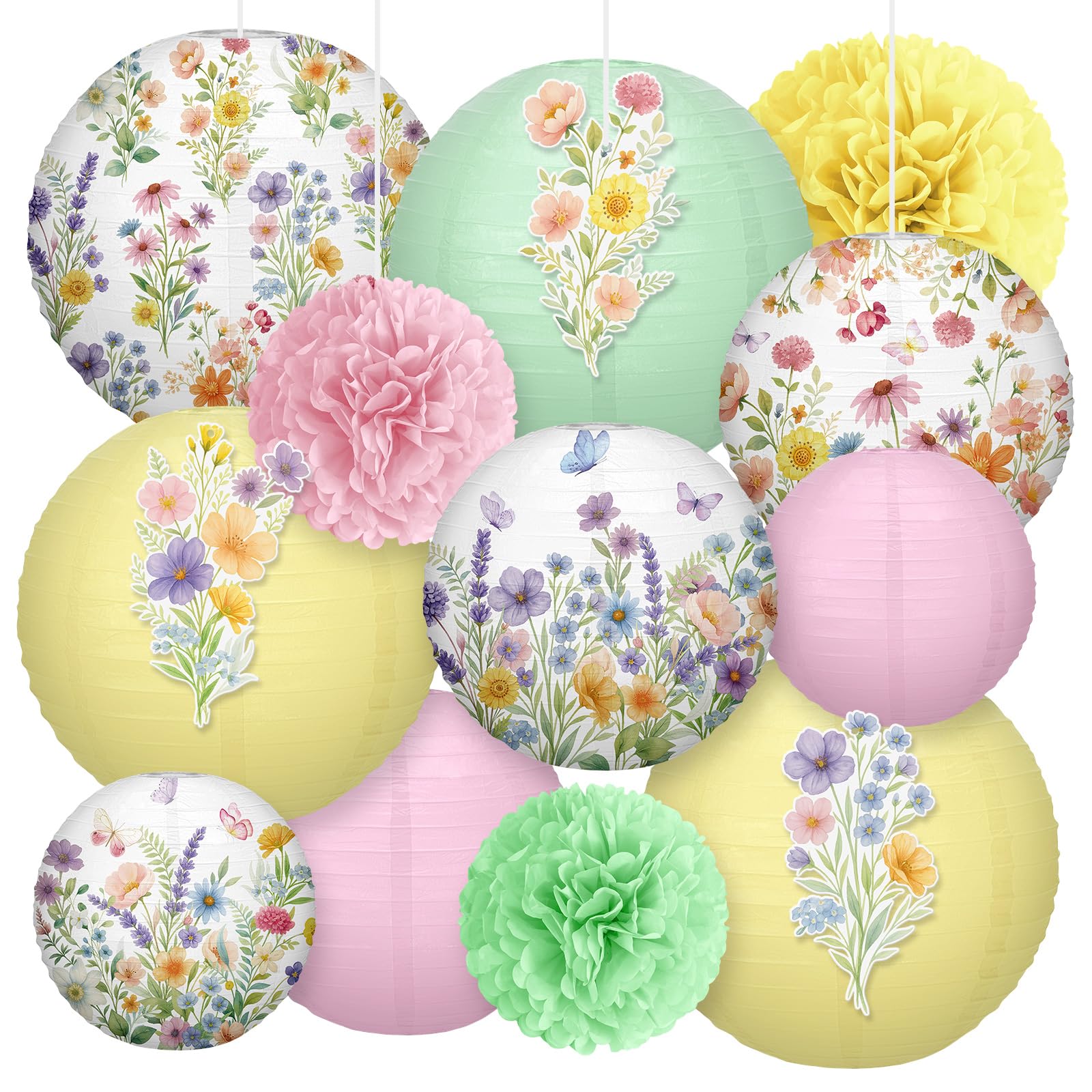 Huquary 15 Pcs Summer Wildflower Party Decorations Included 9 Wildflower Round Paper Lanterns Pastel Pom Poms Hanging Floral Car