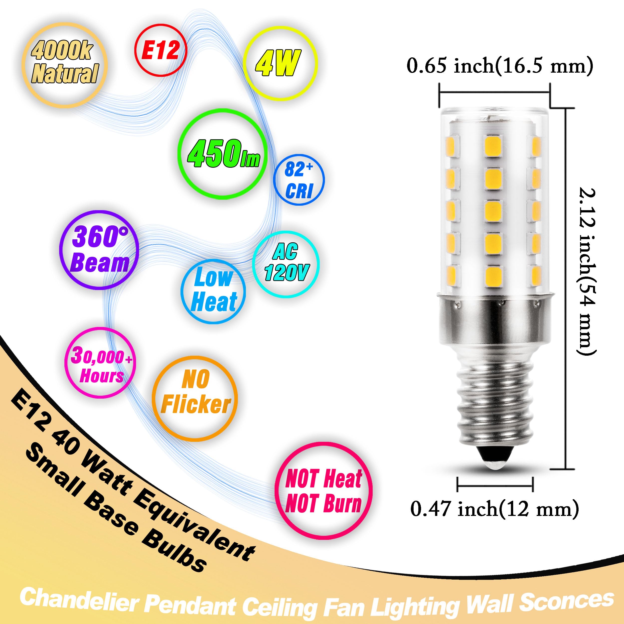 Heifymi E12 T6 C7 40 Watt Equivalent Led Bulbs 4000K Natural White 450Lm 4W 120Volt E12 Small Base Led Candelabra Bulb For Ceiling Fan Pendant Chandelier Lighting Wall Sconces  Non-Dimmable  4 Pack