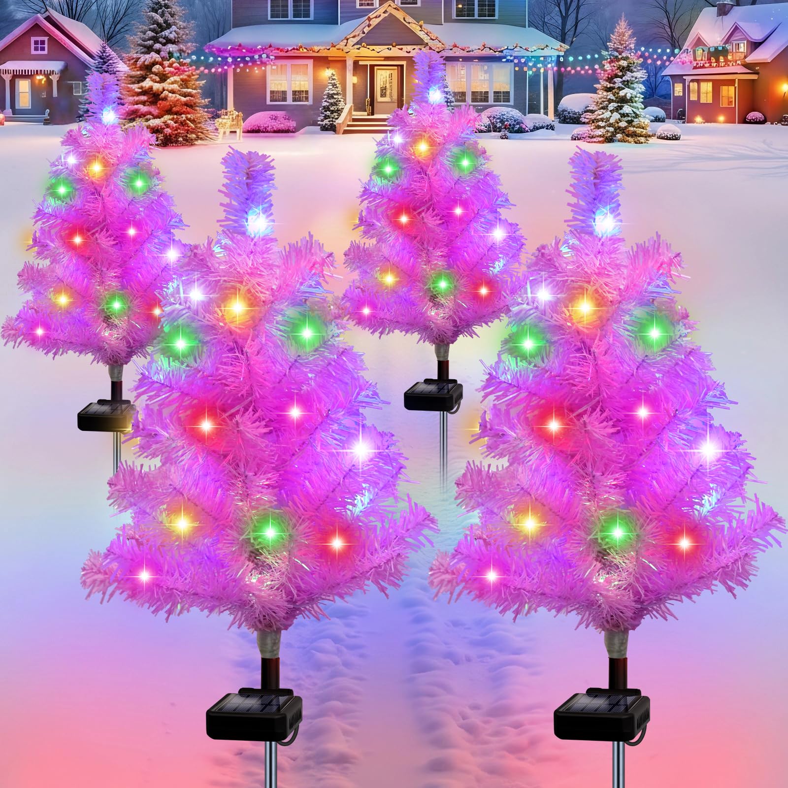 4 Pack Pink Solar Christmas Tree Garden Stake Light Waterproof Outdoor Christmas Decorations 2 Modes Solar Christmas Lights For Yard Front Porch Pathway Gave Garden Decor