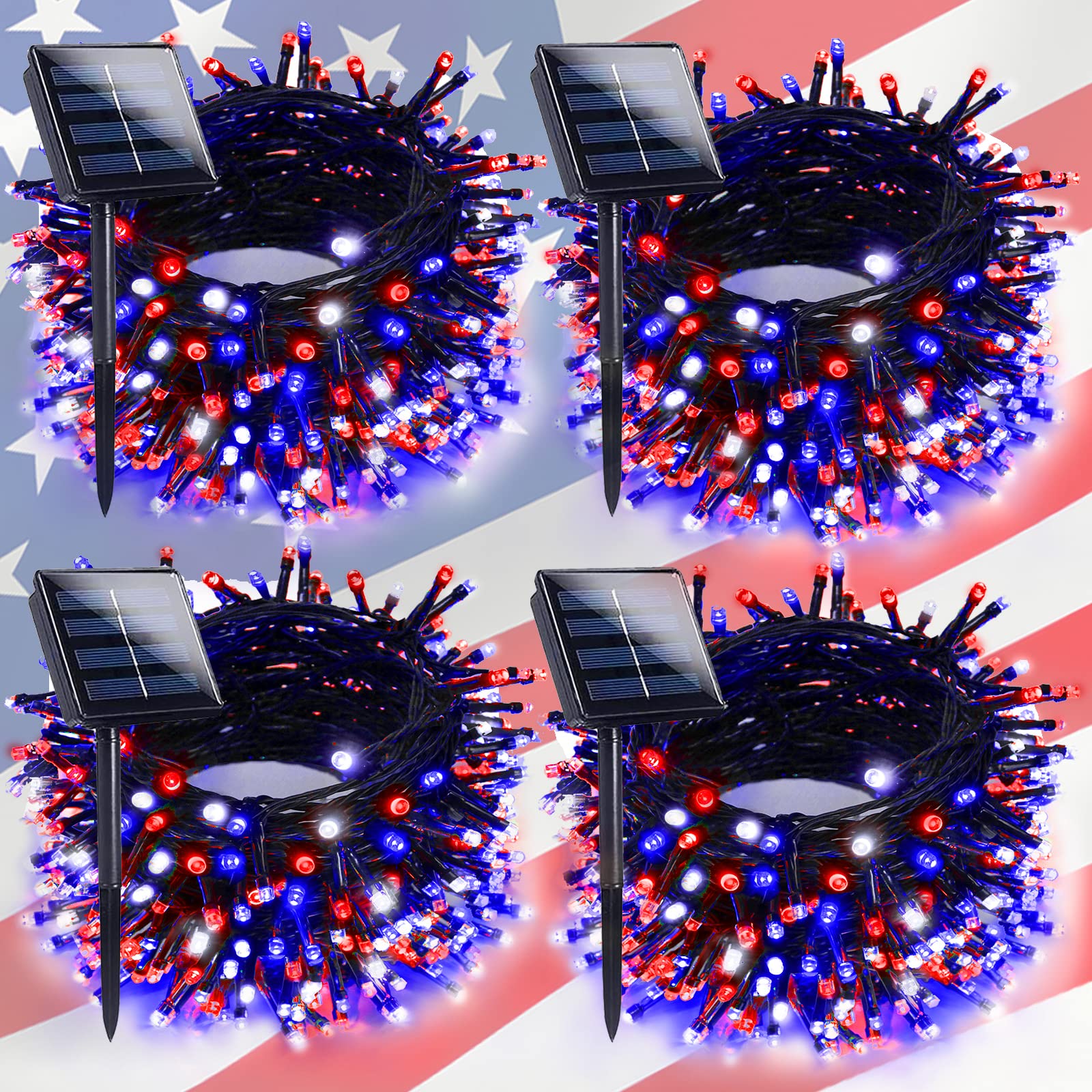 4Th Of July Decorations Outdoor, 4Pk Red White And Blue Solar String Lights, 400Led 132Ft Led Patriotic Light Waterproof, Solar