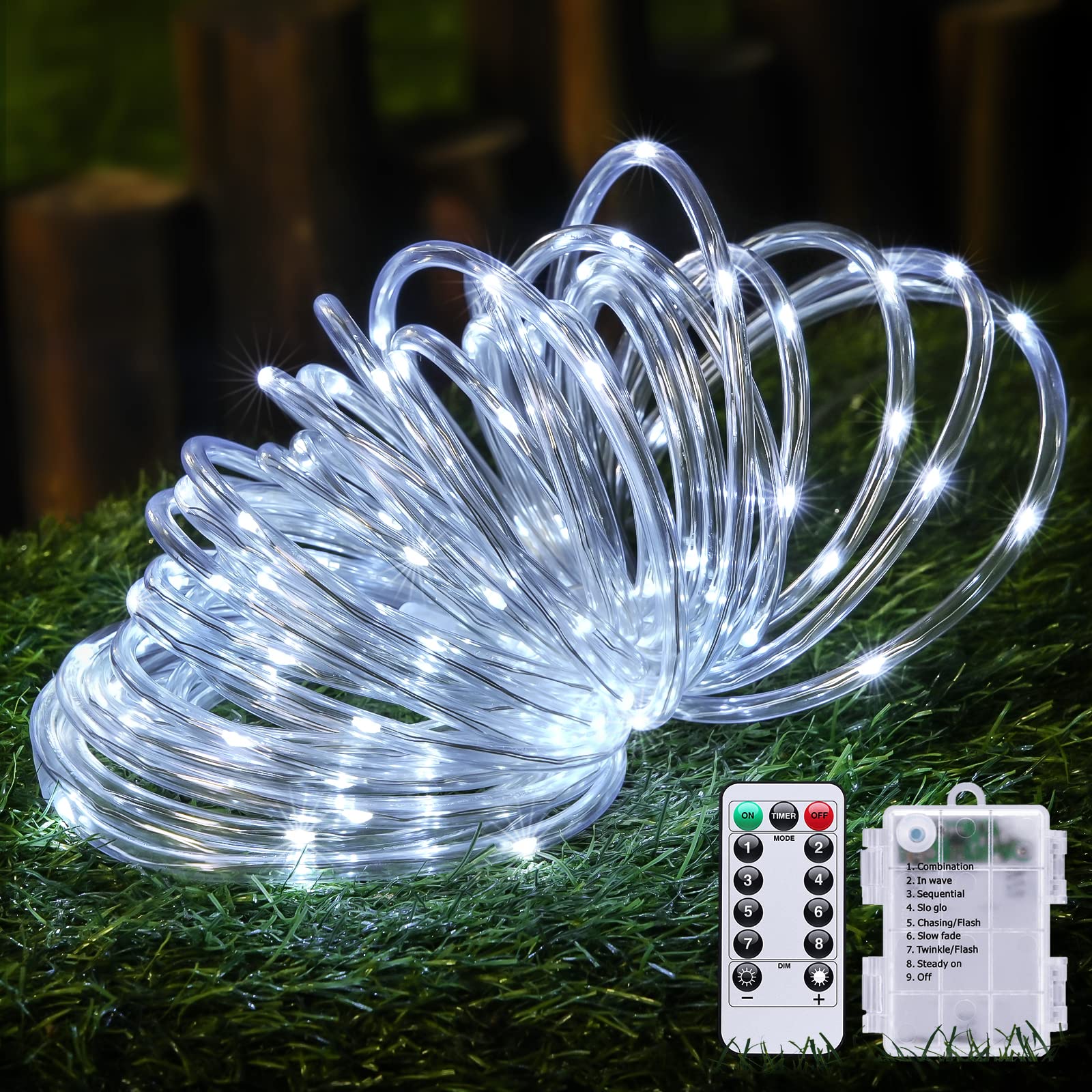 JMEXSUSS LED Battery Rope Lights, 33 ft, 8 Modes, Waterproof, Copper, 1 Pack, White, Model Rope100B