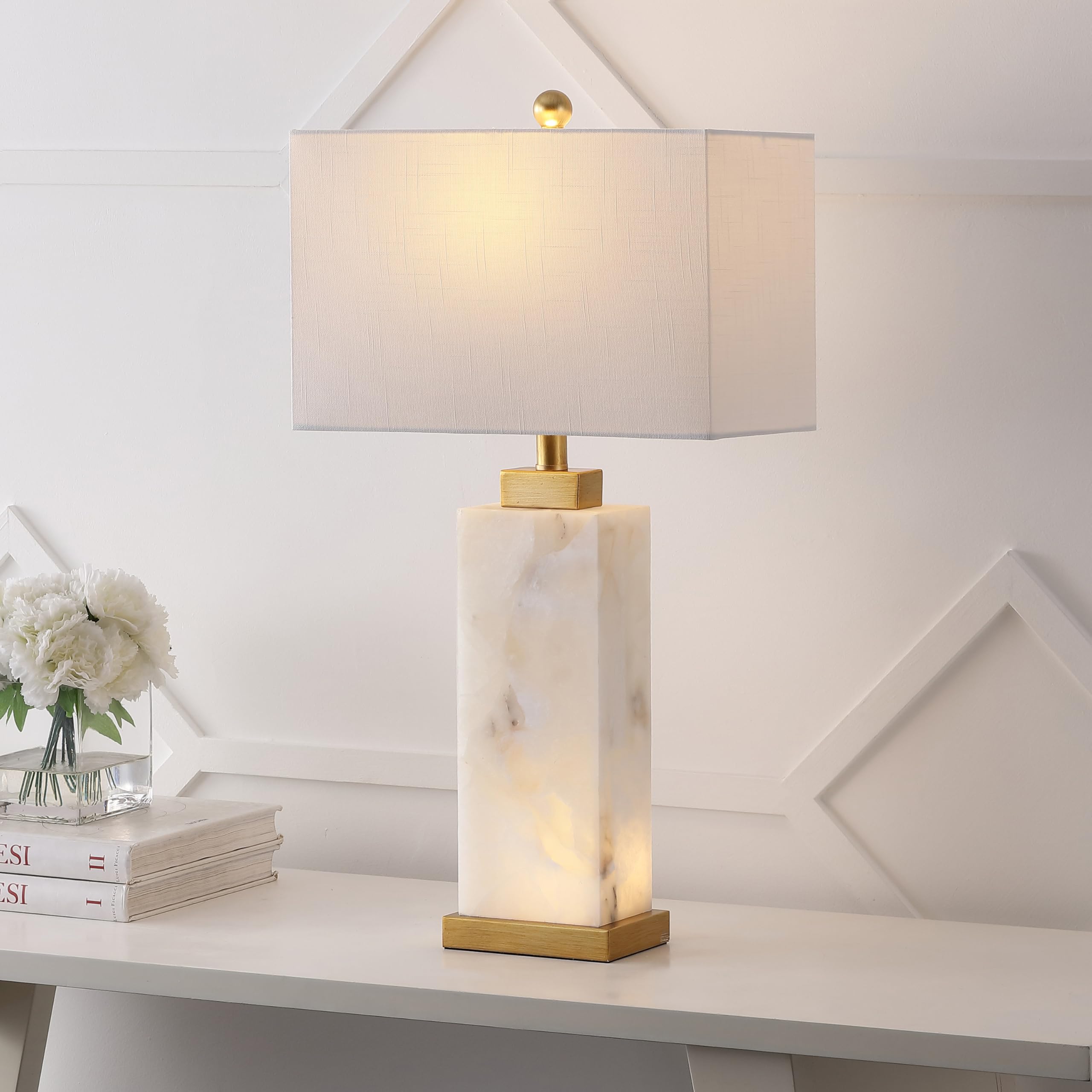 JONATHAN Y Elizabeth 27.5" Alabaster LED Table Lamp, White/Gold Leaf, Model JYL6201A, Coastal Contemporary Design for Bedroom and Office
