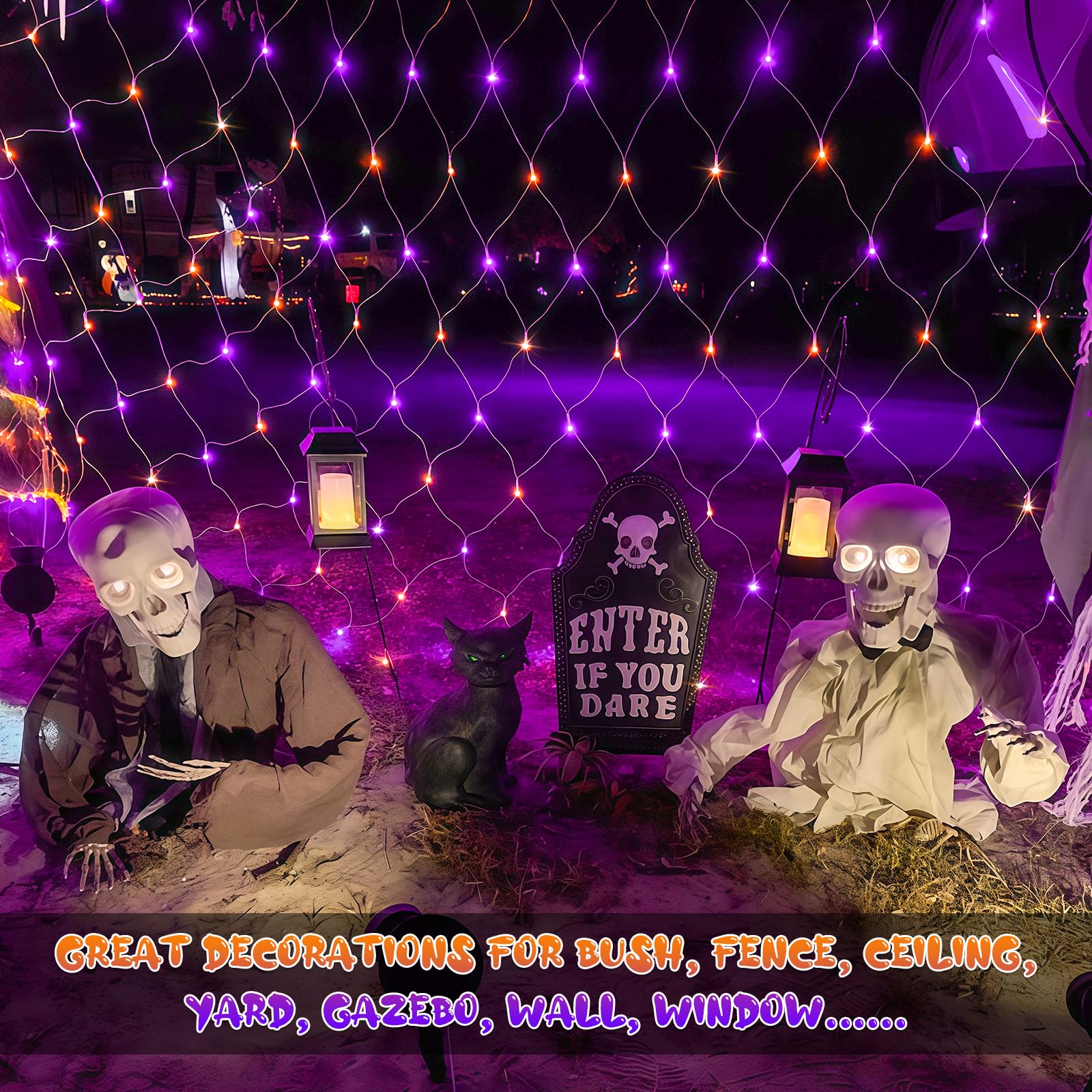 JMEXSUSS Halloween Net Lights, 200 LED, 9.8FT x 6.6FT, Connectable, Orange and Purple, Outdoor Mesh Light for Garden Decor