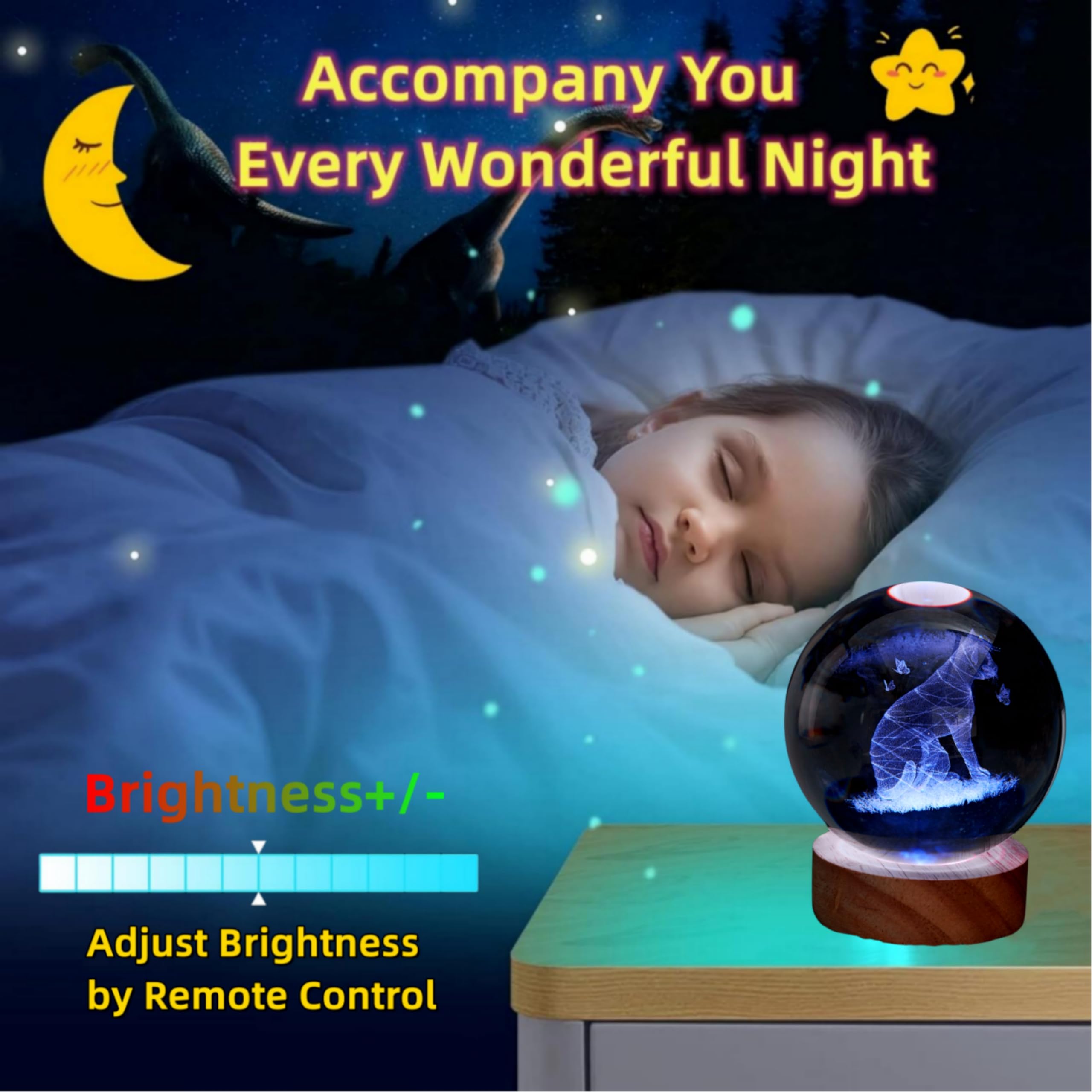 DIGFPWT Cat Crystal Ball Night Light, 3D Lamp with LED Wooden Base, 16 Colors, 3.15 Inch, Gift Box Packing