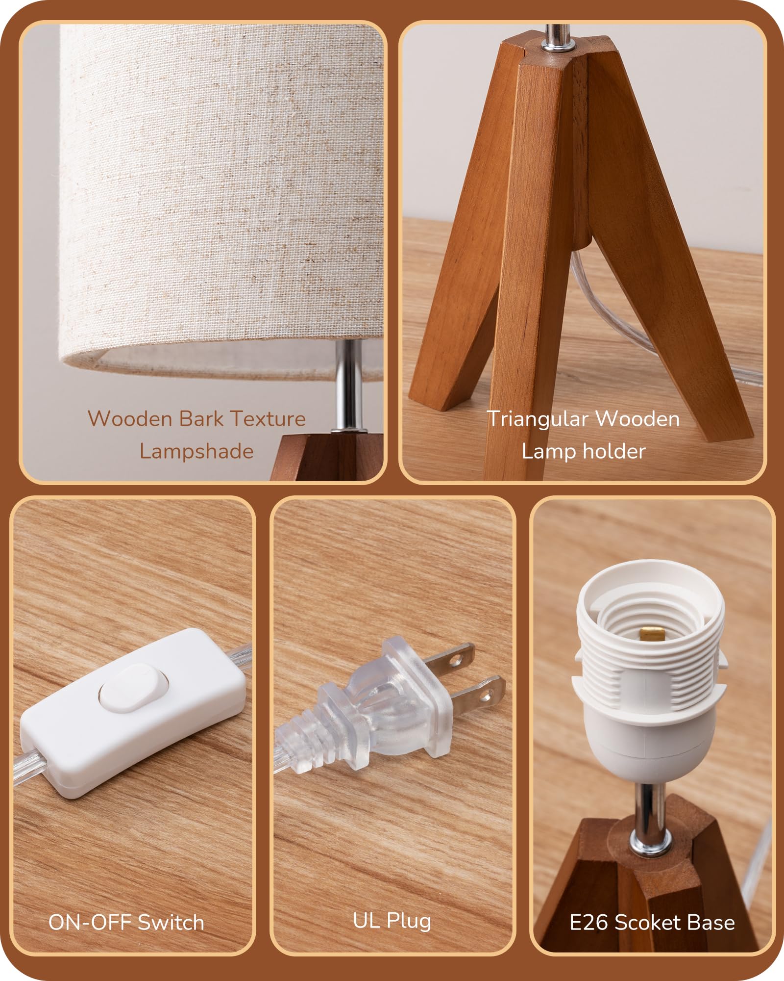 Edishine Small Table Lamp, Wooden Tripod Bedside Lamp With Linen Fabric Lampshade, 14.2'' Nightstand Lamp For Bedroom, Living Ro