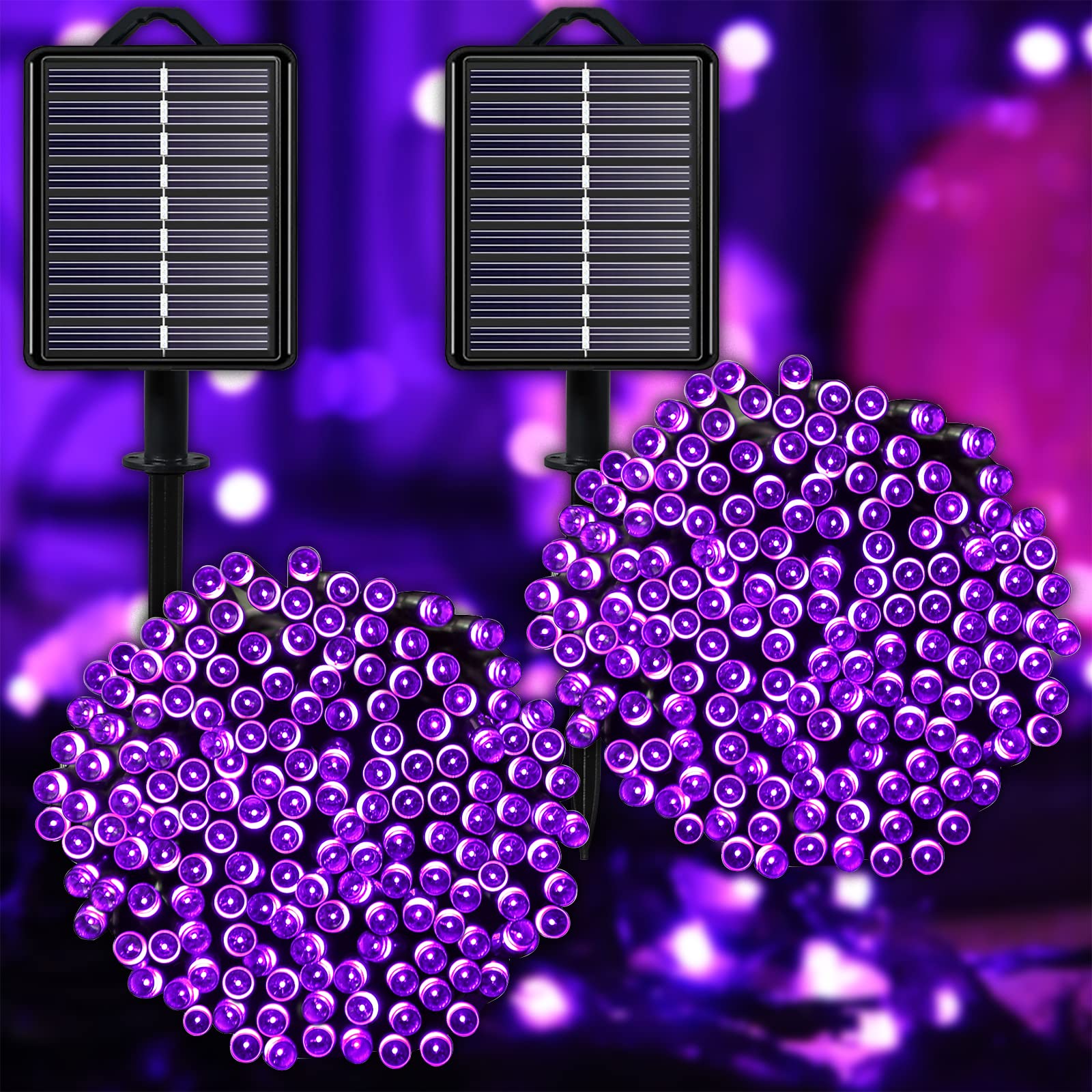 Solar String Lights for Outside, Purple Halloween Lights Outdoor Waterproof 2Pack Total 144ft 400 LED 8 Modes with Timer, IP44 T