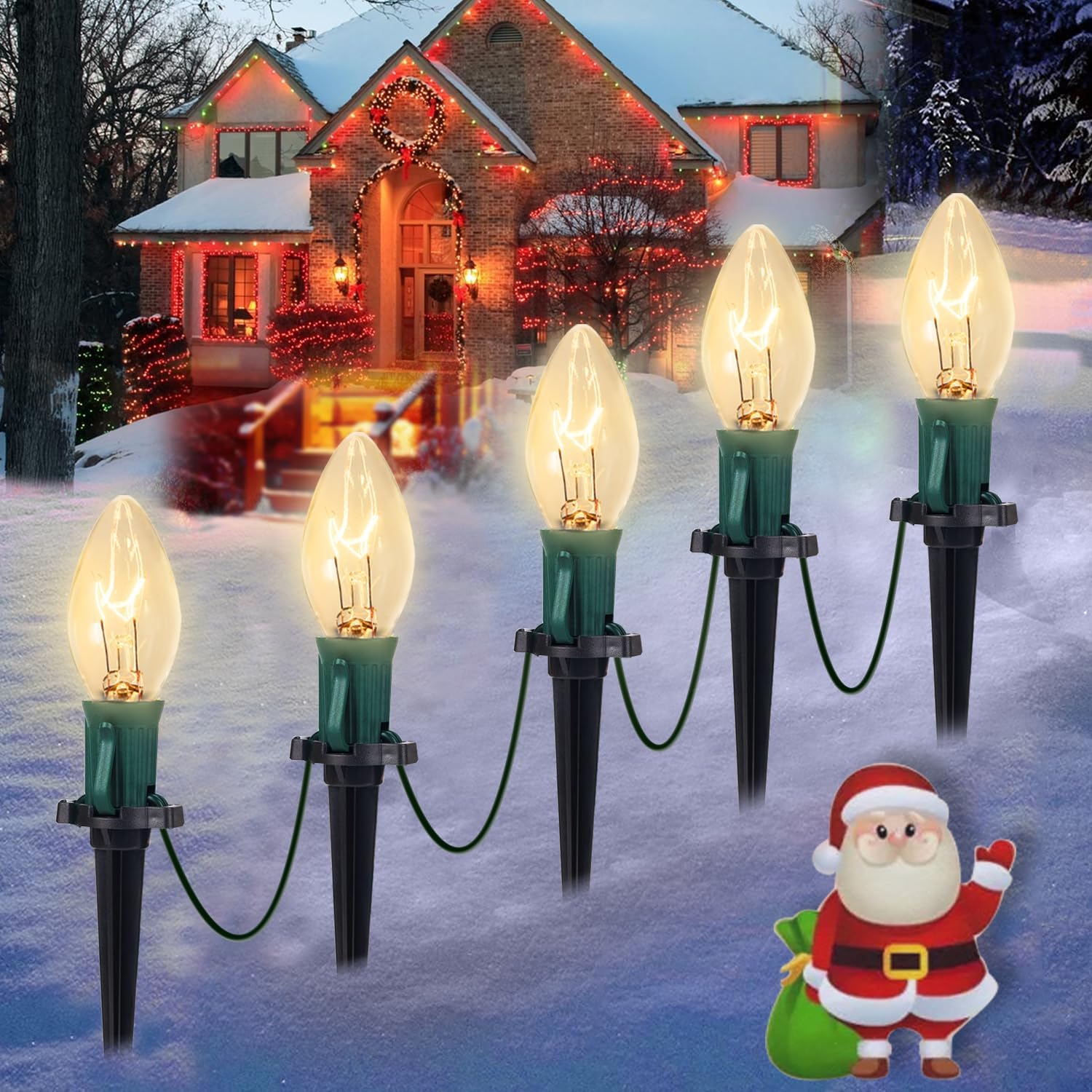 C9 Christmas Pathway Lights, 38Ft Clear Christmas Pathway String Lights With 25 Incandescent Bulbs And Stakes For Outdoor Walkwa
