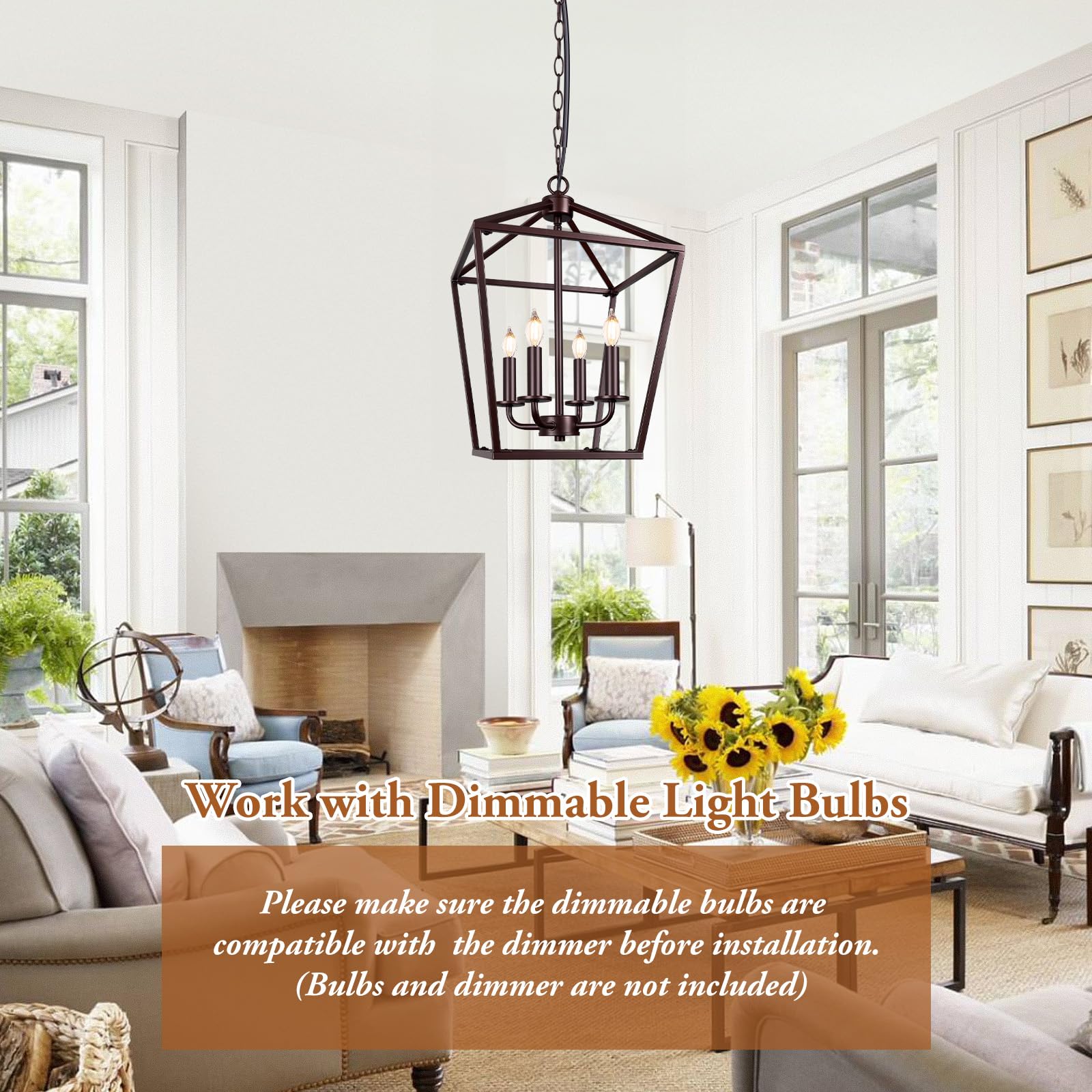 Farmhouse Chandelier 4-Light  Oil-Rubbed Bronze Pendant Light Fixture For Kitchen Island Dining Room  Lantern Industrial Lighting Ceiling Hanging With Metal Cage Adjustable Height For Entryway Foyer
