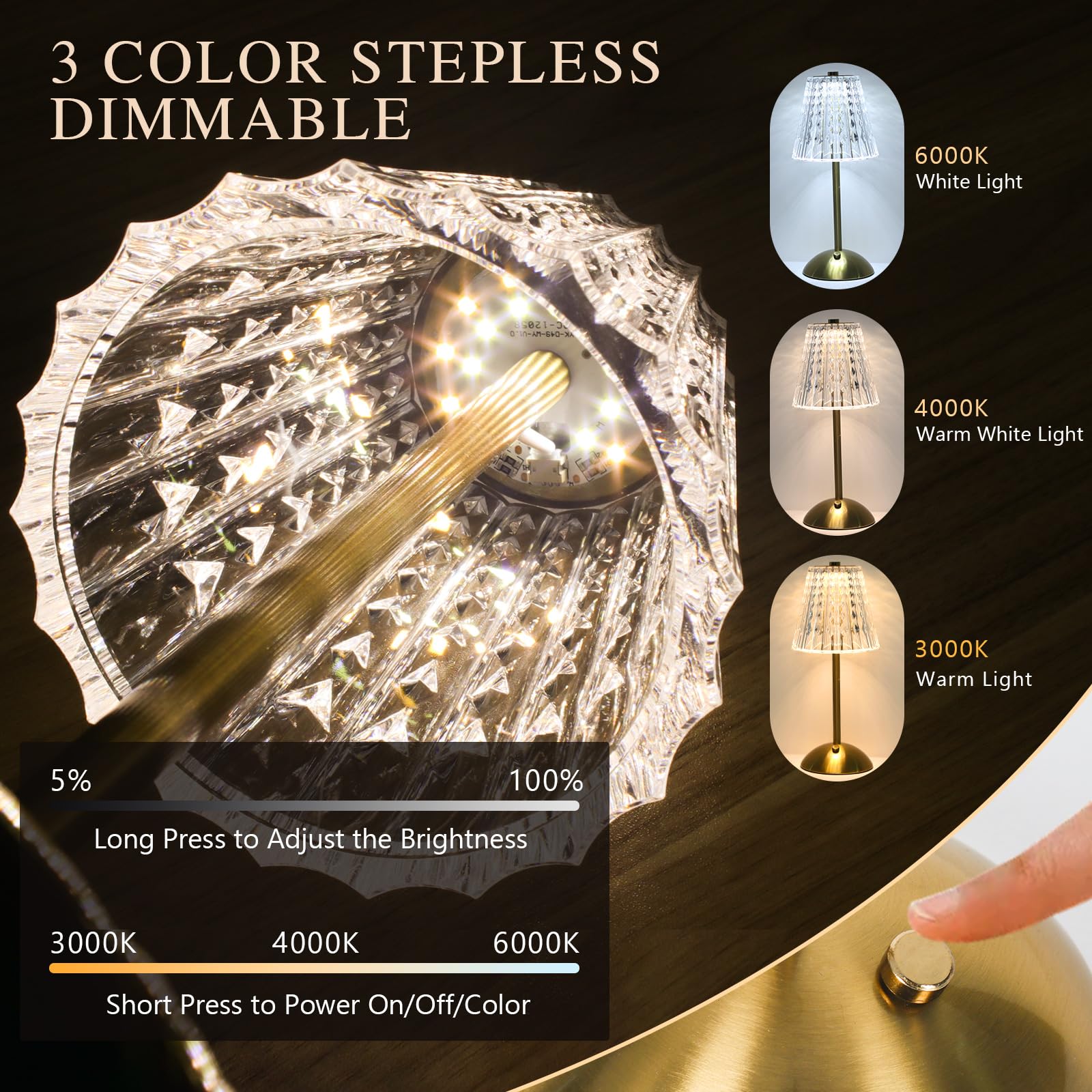 Gkeiten 2 Pack Cordless Metal Desk Lamp,Touch Sensor Control Led Table Lamp,3 Way Dimmable Nightstand Lamp With Cristal Shade De