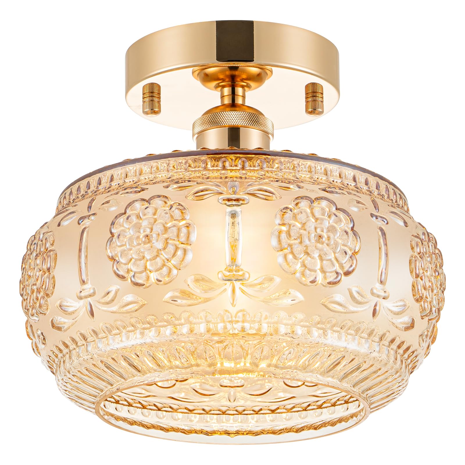 Tbaoinla Semi Flush Mount Ceiling Light - French Gold Finish & Amber Floral Glass Shade  Vintage Modern Lighting For Bathroom  Kitchen  Bedroom (Bulb Not Included)