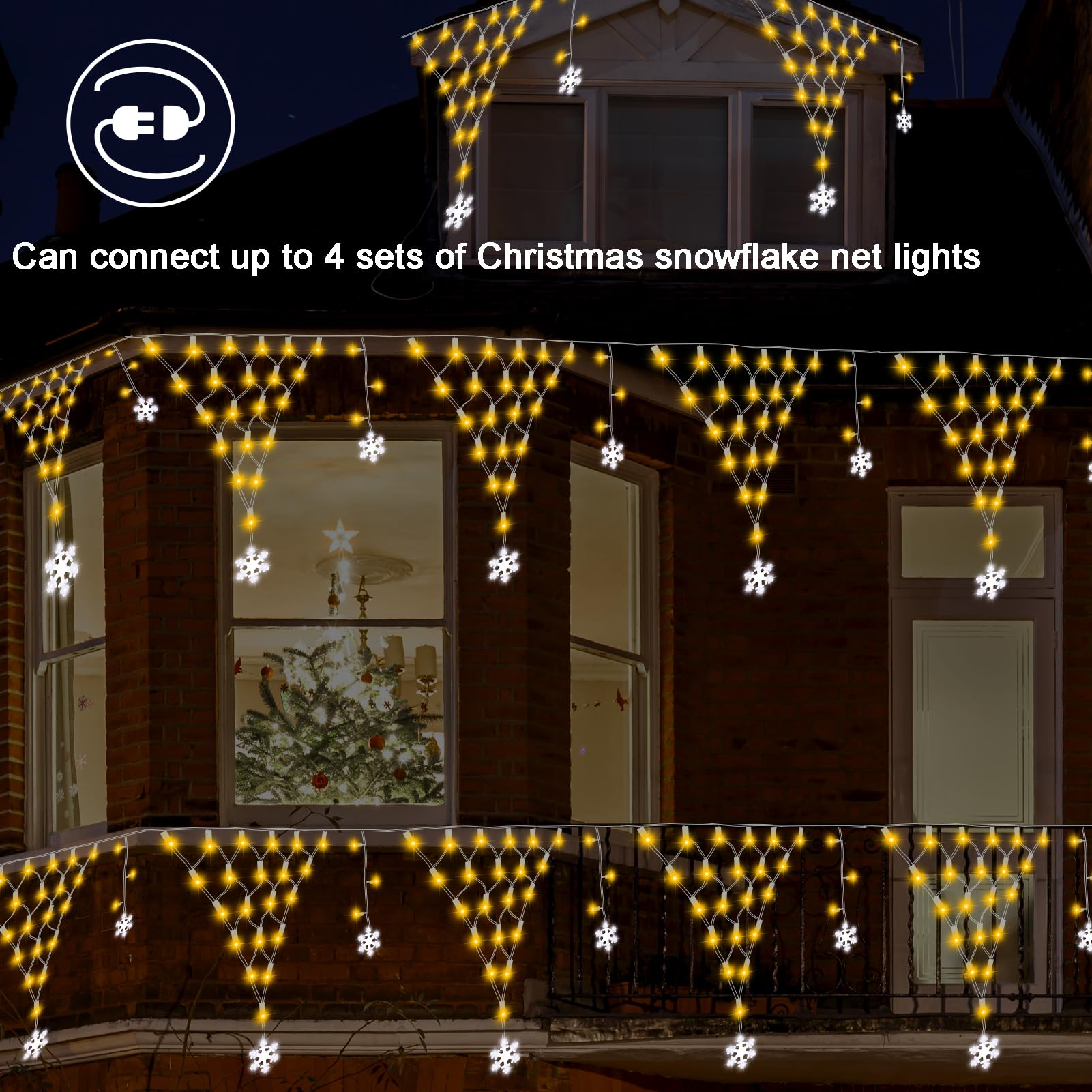 Dbfairy Christmas Net Lights Outdoor 207 Led Net Lights 13.1Ft(L) X1.9Ft(H) With12Pcs Snowflake Drop Plug Dimmable Waterproof 8