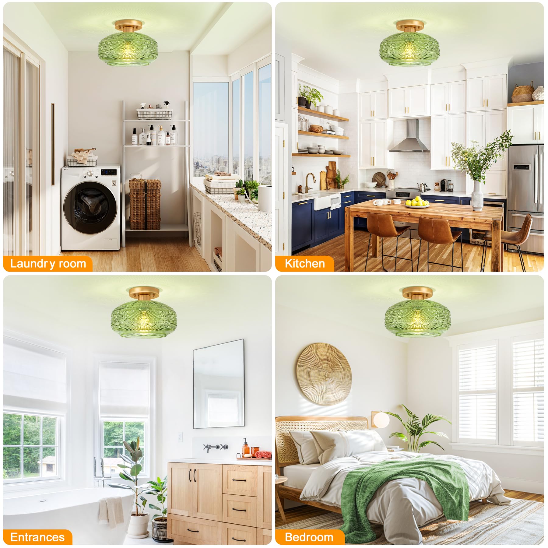 APOTO 11" Green Globe Glass Semi Flush Mount Ceiling Light Fixture, Vintage Design for Kitchen & Bedroom, Model 3028C-11IN-GRUS