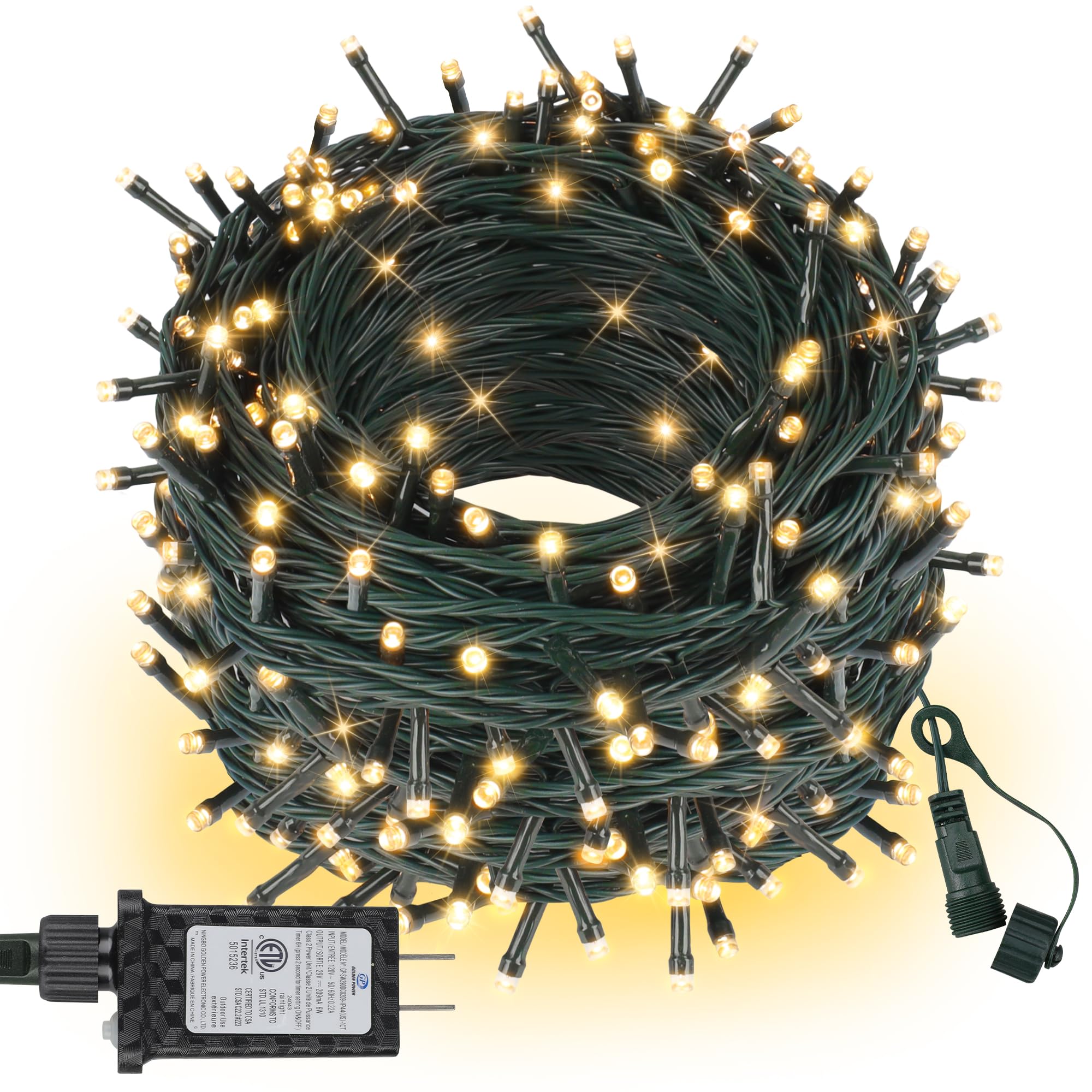 ASENEK Extra Long Christmas Tree Lights 600 LED, 197FT, Warm White, 8 Modes with Timer, Model CX-36V-5000LHWW