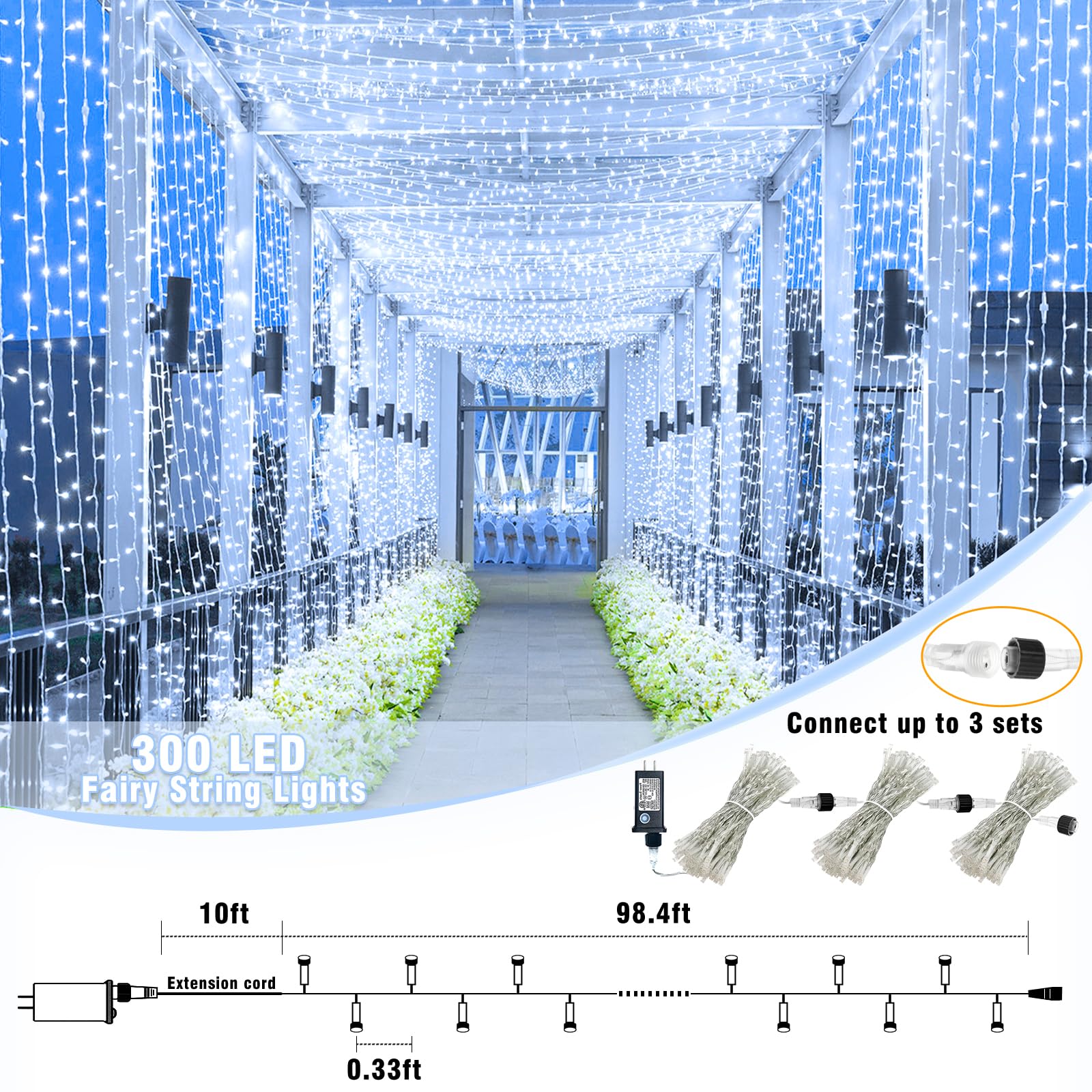 99Ft 300 Led String Lights Indoor - White Christmas Lights Outdoor Waterproof Clear Wire, 8 Modes Connectable Twinkle Fairy Stri