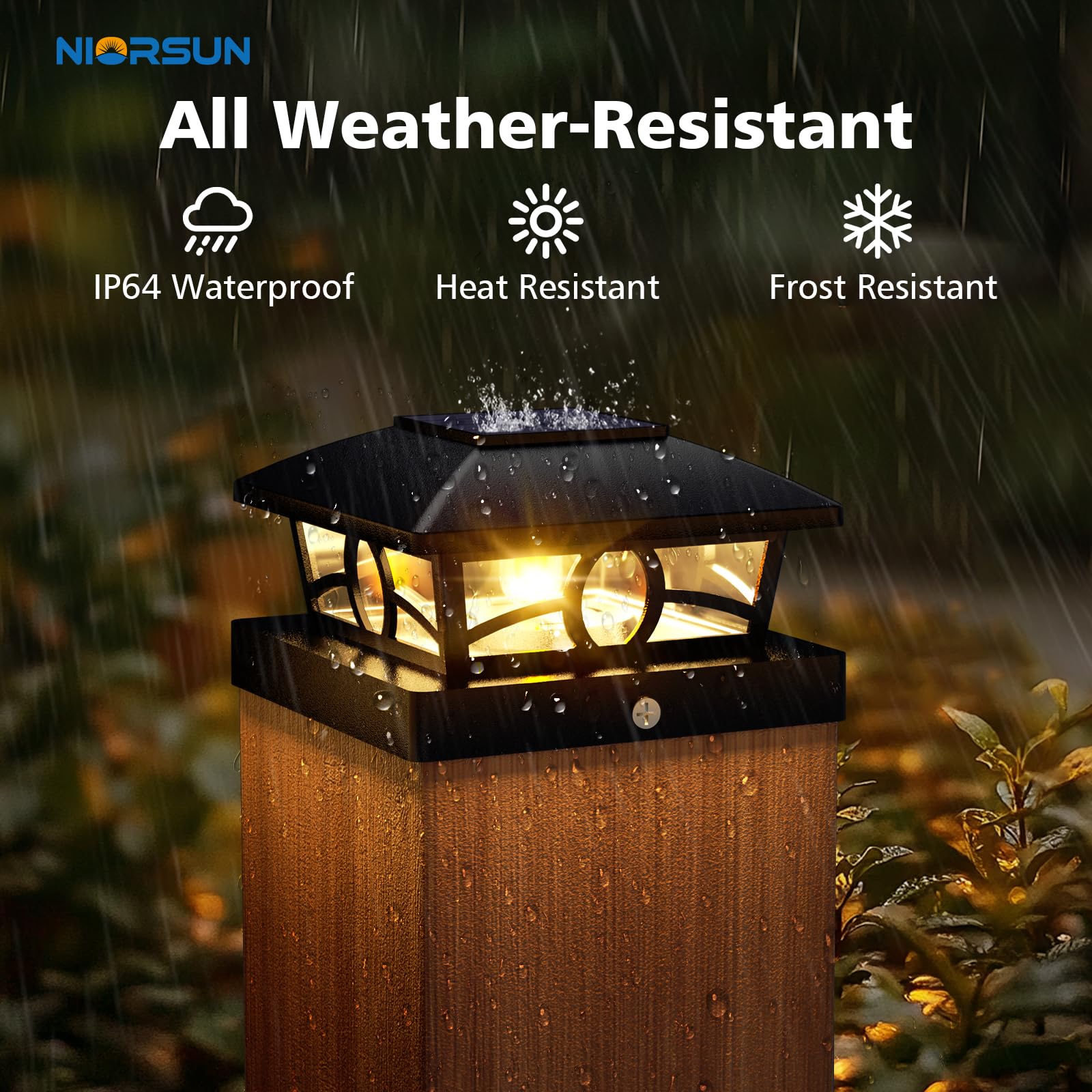 NIORSUN Solar Post Lights, Waterproof Edison LED Bulbs, 4x4 Post Cap, 8 Pack, Black, for Outdoor Garden and Patio Decor