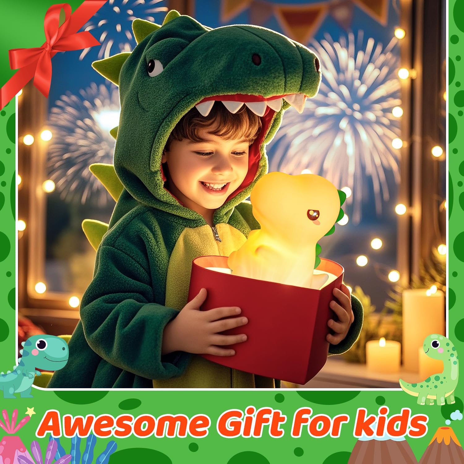 One Fire Dinosaur Night Light - 16 Color Changing Silicone Lamp for Kids Room, Portable Baby Nightlight, Dino Design