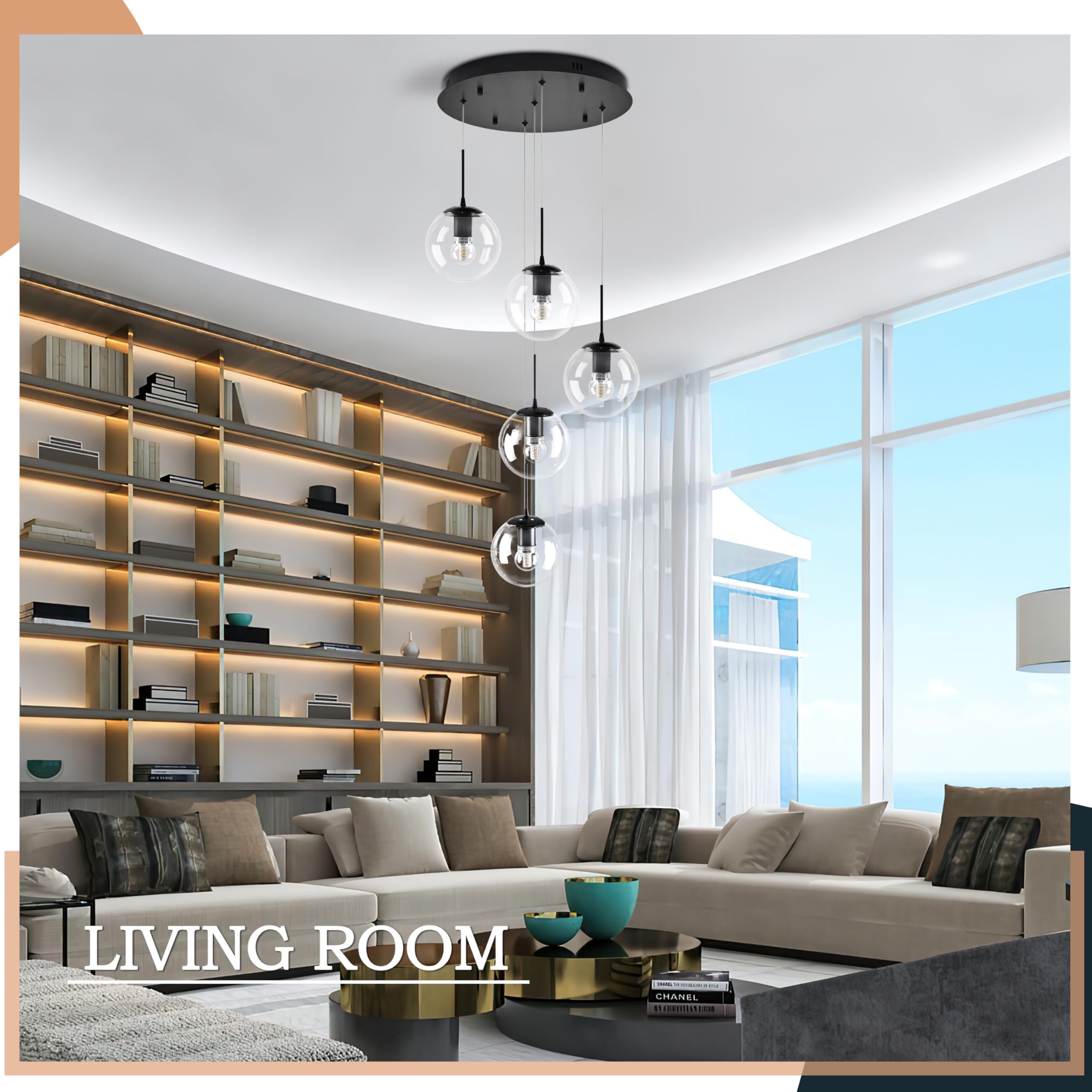 Koko&Yukina 5-Light Globe Glass Pendant Light Adjustable Length Pendant Lights Modern Black Clear Globe Glass Chandelier High Ce