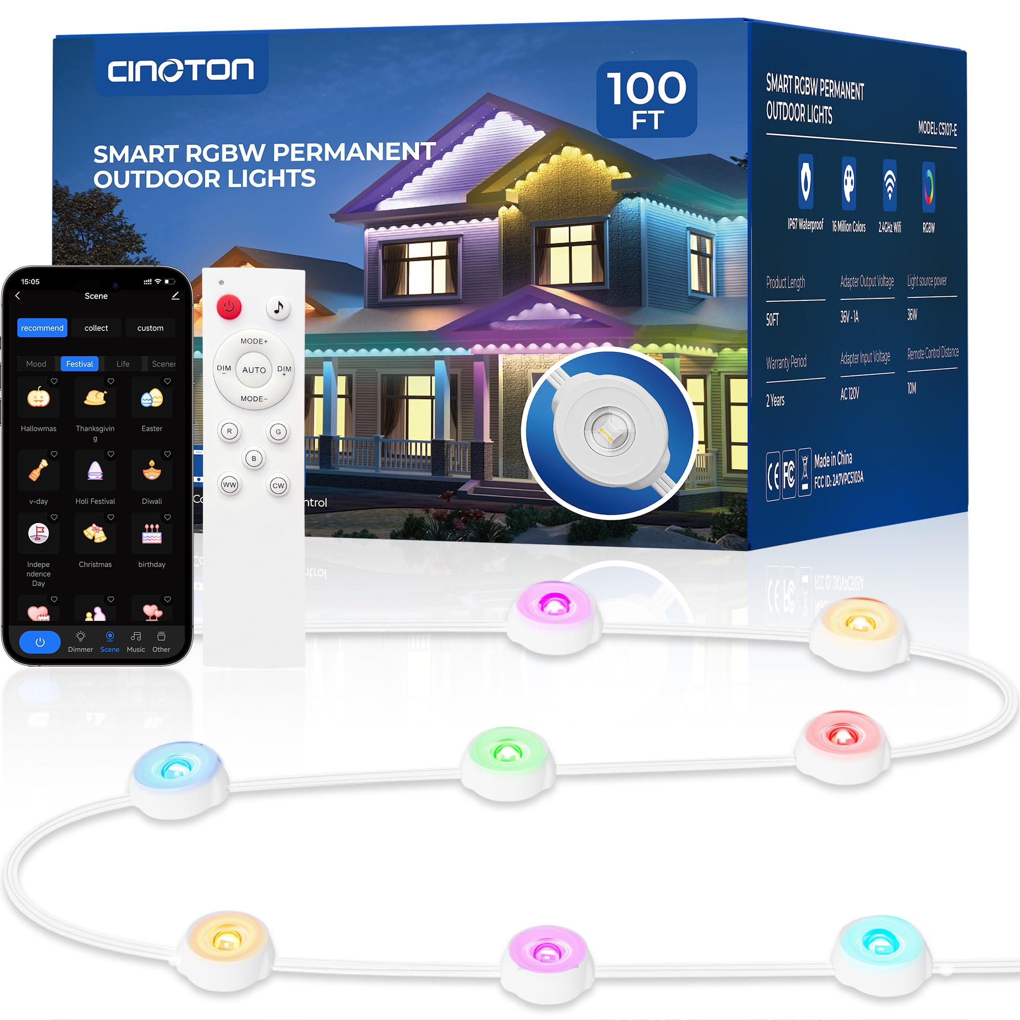 CINOTON Permanent Outdoor Lights 100ft, Smart RGBW Eaves Lights with 72 LEDs, IP67 Waterproof, 111 Scene Modes for Daily and Fes