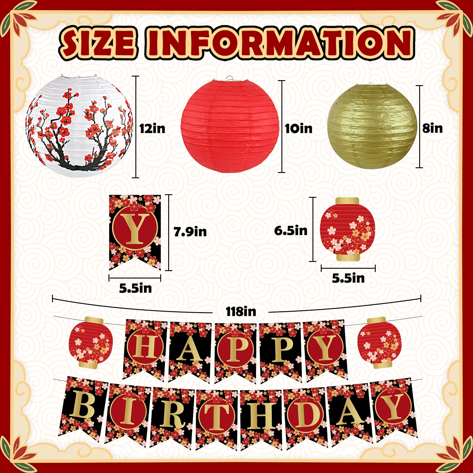Peywot Hibachi Party Decorations - 14Pcs Round Paper Lanterns, Assorted Sizes 8in 10in 12in, Red, Black, Gold
