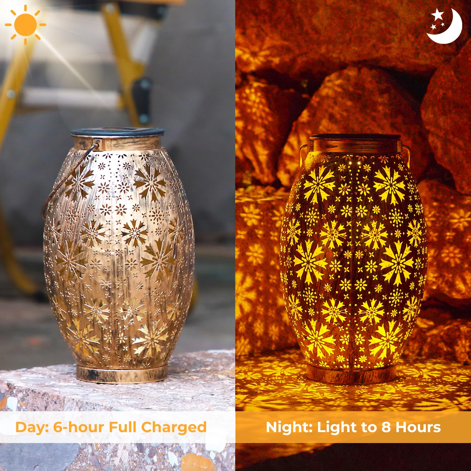 OxyLED Solar Lanterns - 2 Pack Waterproof Hanging Lights, Retro Bronze Metal for Yard, Patio, Tabletop, Model D80-0559N-20-US