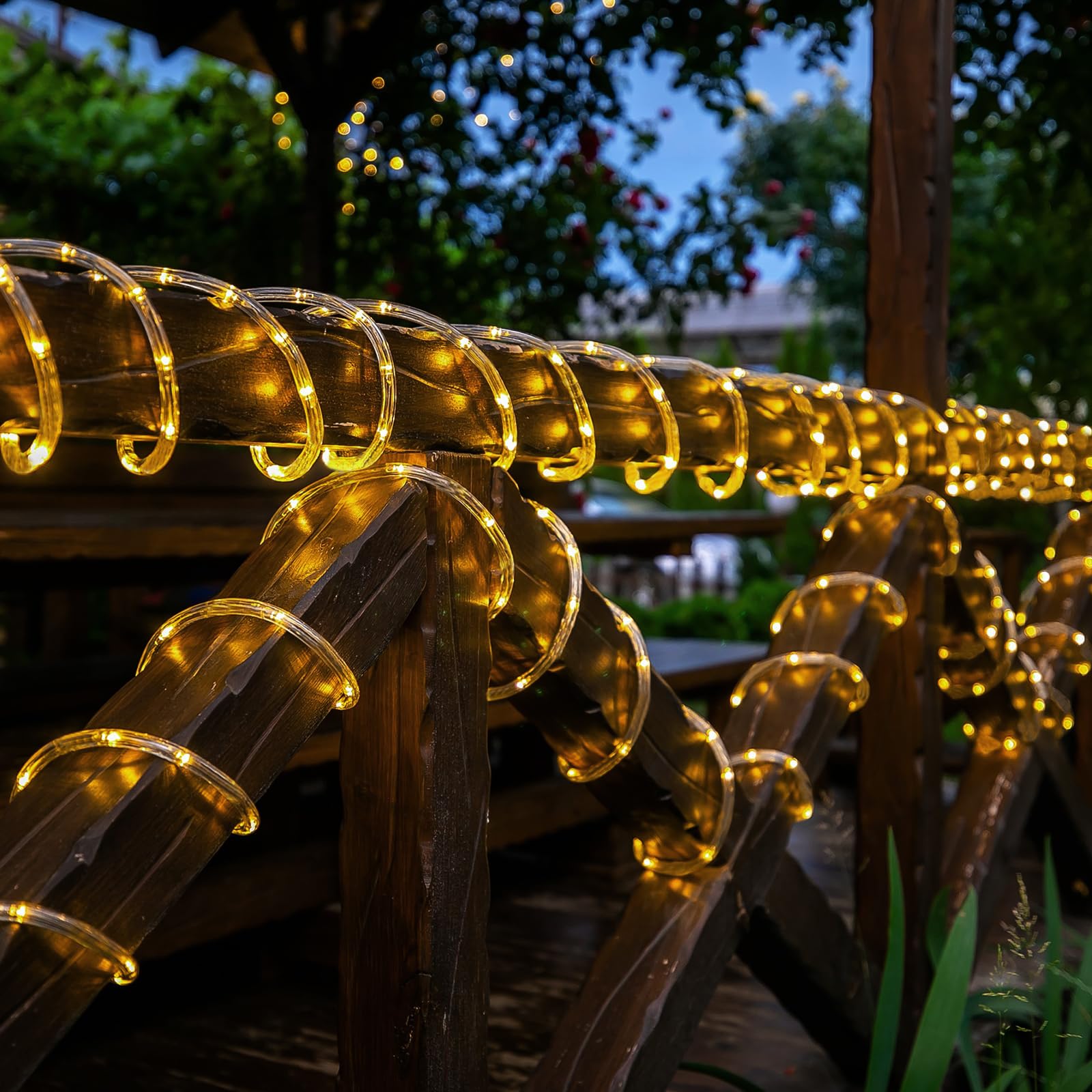 Jnaurb Solar Rope Lights, 33ft 100LED Waterproof Outdoor String Lights, 8 Modes, Warm White for Garden, Patio, Deck, and Pool Decor