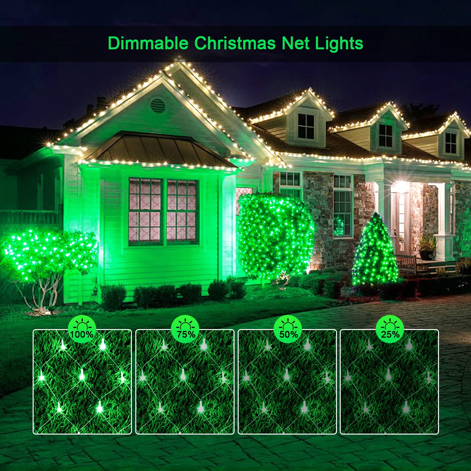 JMEXSUSS Green Christmas Net Lights 360 LED 12ft x 5ft, 8 Modes, Remote, Connectable, Transparent Wire