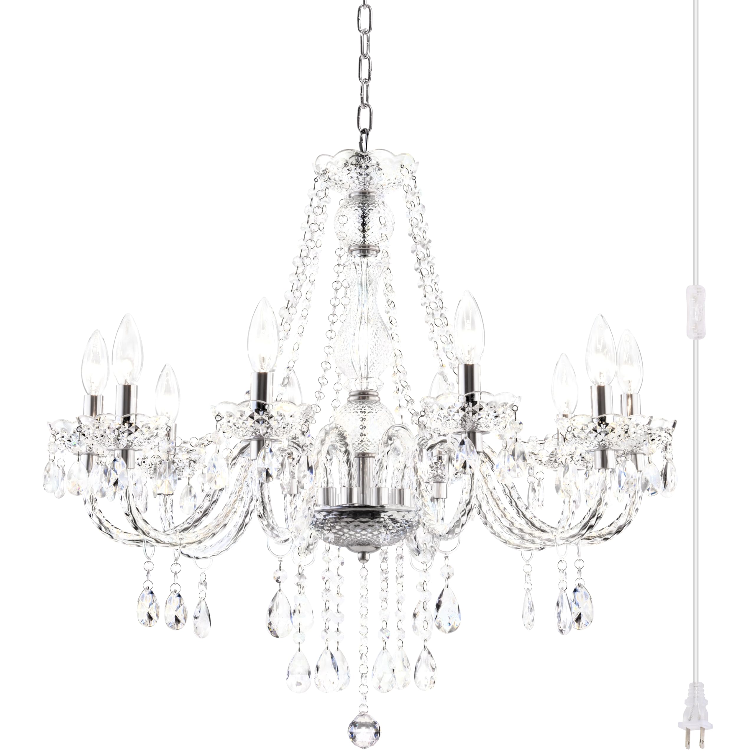 PAPAYA Plug in Crystal Chandeliers Clear Chandelier 25 * 27.5in 10-Light Modern Pendant Ceiling Lighting Fixture with Acrylic Cr