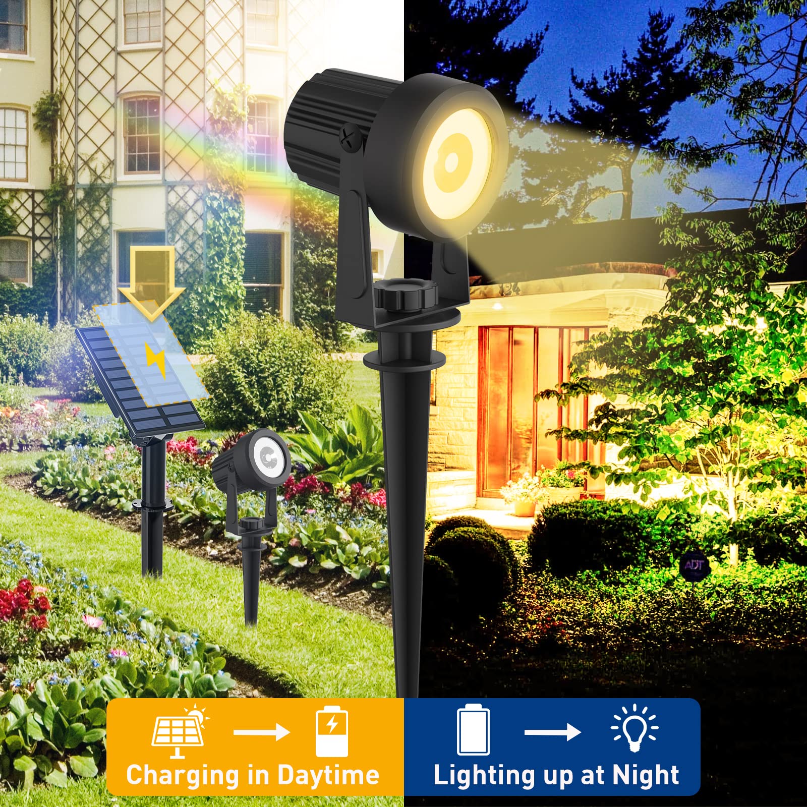 T-Sunus Solar Landscape Spotlights 2 Pack Warm White, Ip65 Waterproof Solar Lights 9.8Ft Cable, Outdoor Led Spot Wall Light 3000