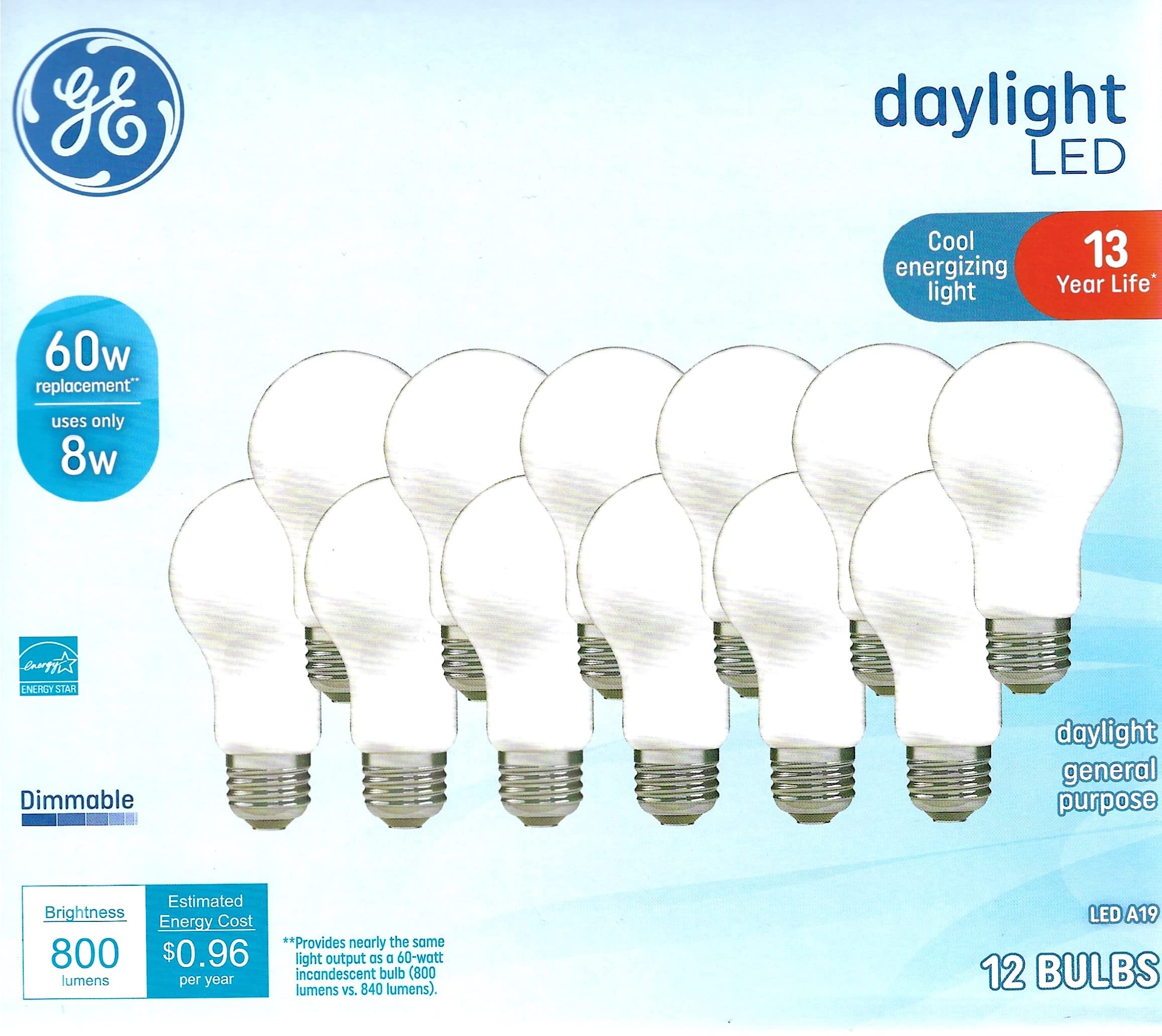 GE Daylight LED Light Bulbs, 8 Watt (60 Watt Equivalent) Cool Energizing Light, Standard Bulb Shape, Medium Base, Dimmable (12 P