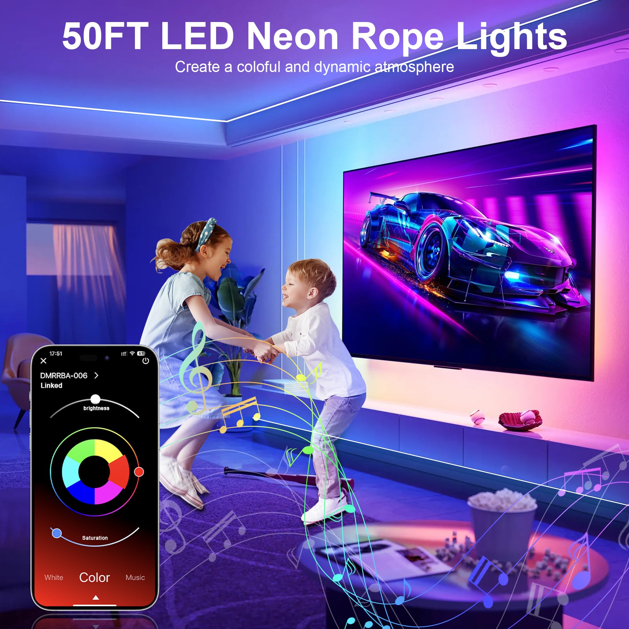 Fussion Led Neon Rope Lights 50Ft,Rgb Led Strip Lights With App/Remote Control Music Sync Gaming Lights Outdoor Ip67 Waterproof,