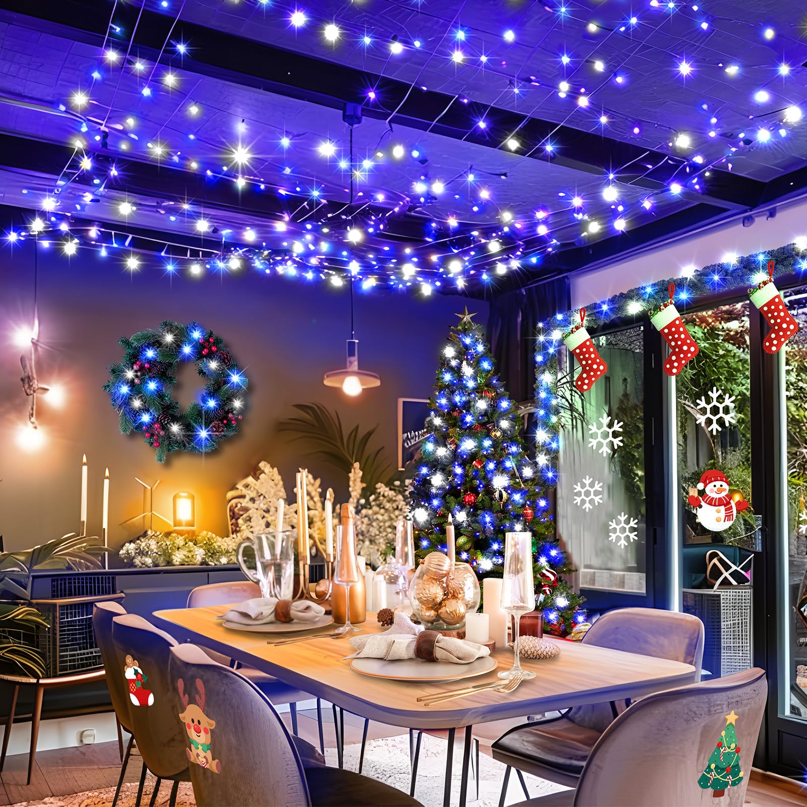 Knonew Outdoor Christmas Lights 500 Led 197Ft String Lights 8 Modes & Memory Fairy Light Plug In Waterproof Led String Lights For Xmas Yard Tree Wedding Party (Blue And White)