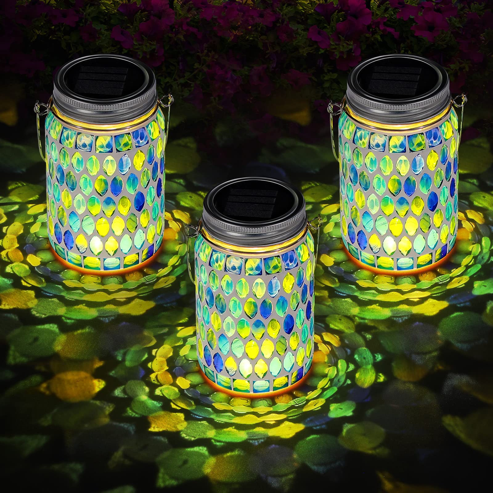 3 Pieces Solar Powered Mosaic Lights, Outdoor Hanging Solar Lantern Lamp Waterproof Table Lamp Mosaic Night Light for Tree, Gard