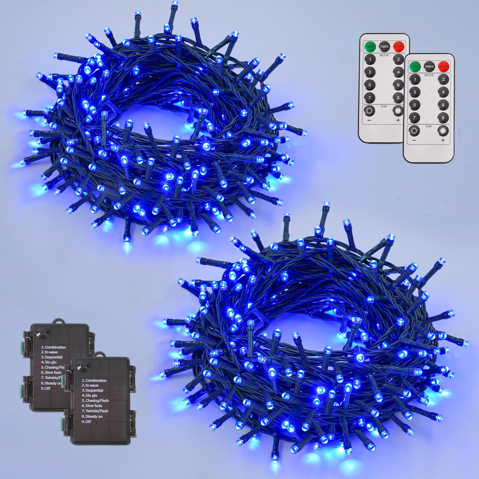 YEGUO Christmas Lights Battery Operated, 2 Pack Each 33ft 100 LED Blue String Lights Outdoor Waterproof, 8 Modes Green Wire Fair