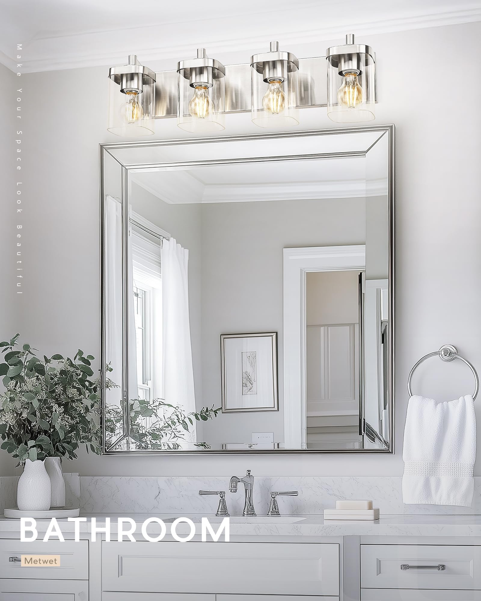 METWET 4-Light Vanity Light Fixtures, Brushed Nickel, Square Clear Glass Shade, Model VL194-BN-4