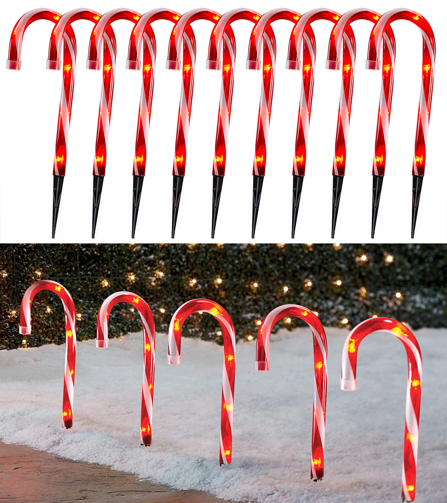 TIGOMOOV Candy Cane Lights Set of 10, 10 Inch Outdoor Christmas Decorations, Red-White Plastic Pathway Makers