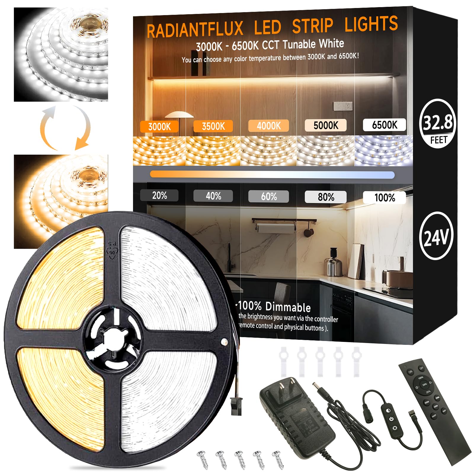 Radiantflux 32.8Ft Led Strip Light With Remote  3000K-6000K Dimmable Bright Warm White Led Lights Strip  Flexible Dc24V Led Tape Light For Bedroom  Kitchen  Diy Lighting