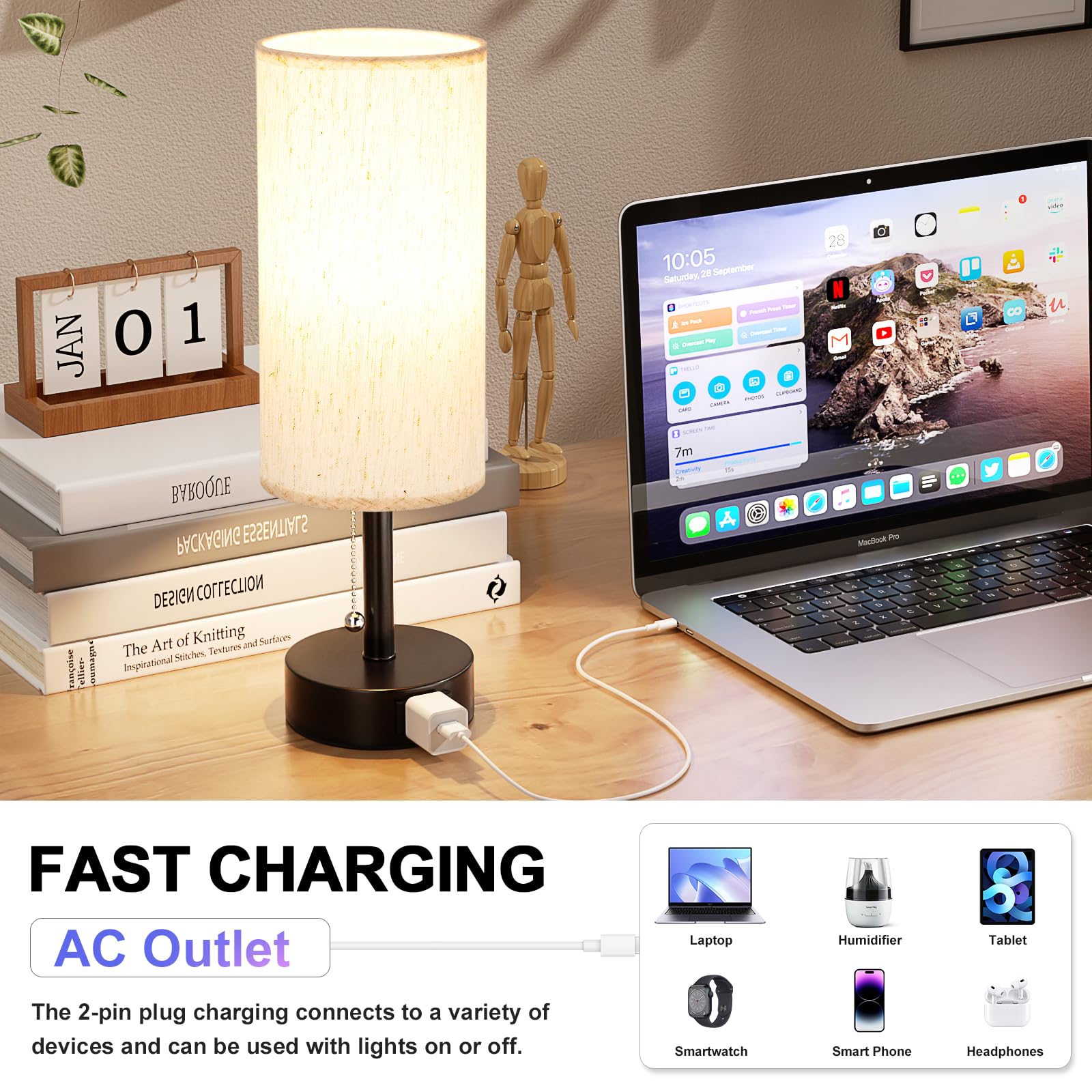 Bedside Table Lamp For Nightstand - 3 Color Temperatures Pull Chain Lamp With Ac Outlet Charging Port, Round Night Stand Lamp For Bedroom Living Room Guest Room, Small Bed Side Light With E26 Led Bulb