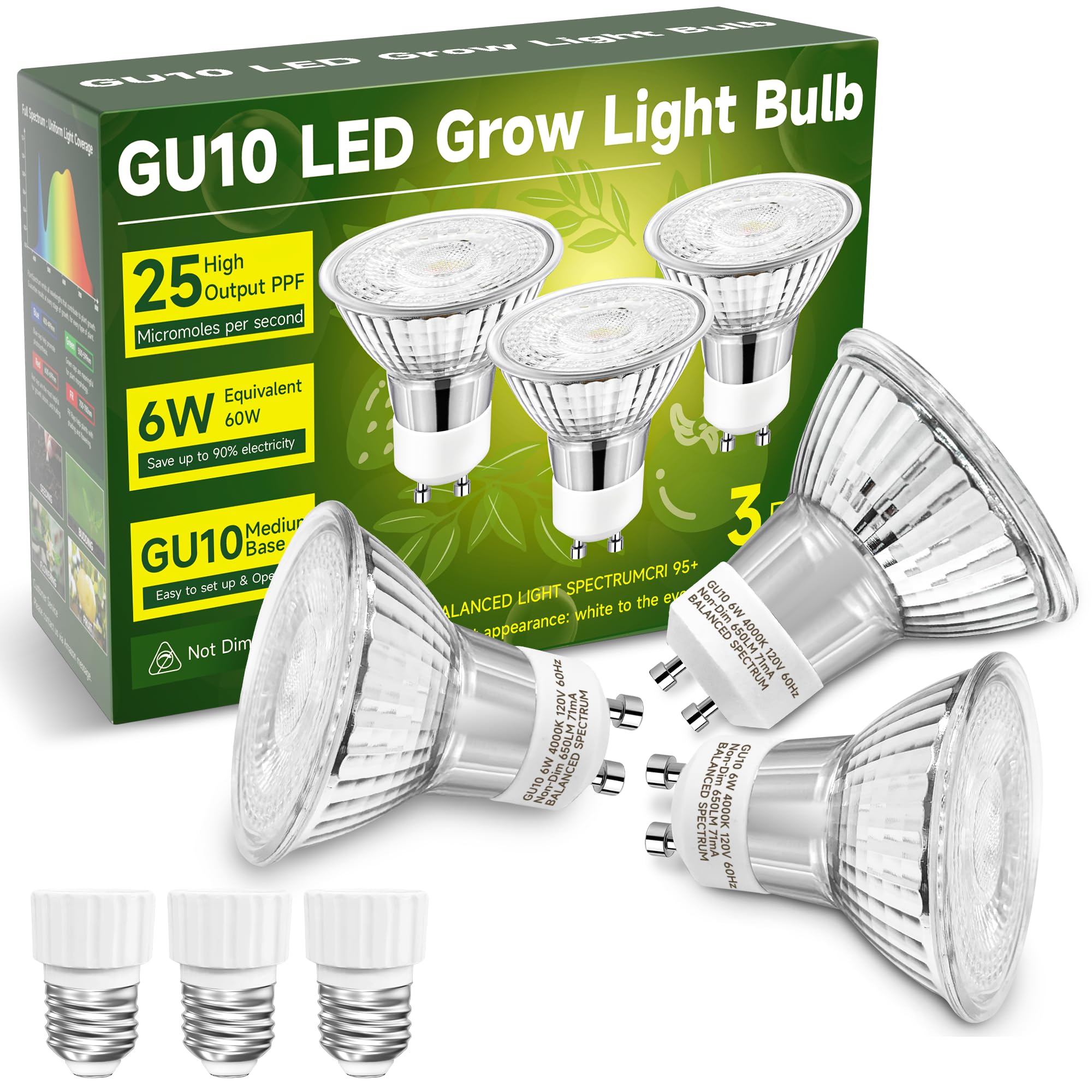 Unilampro Gu10 Grow Light Bulb, Full Spectrum Plant Grow Lights, Natural White 4000K Plant Light For Indoor Plants For Small Plant Pots, 6W Led Grow Light, Grow Lamp For Low Light Plants, 3 Pack