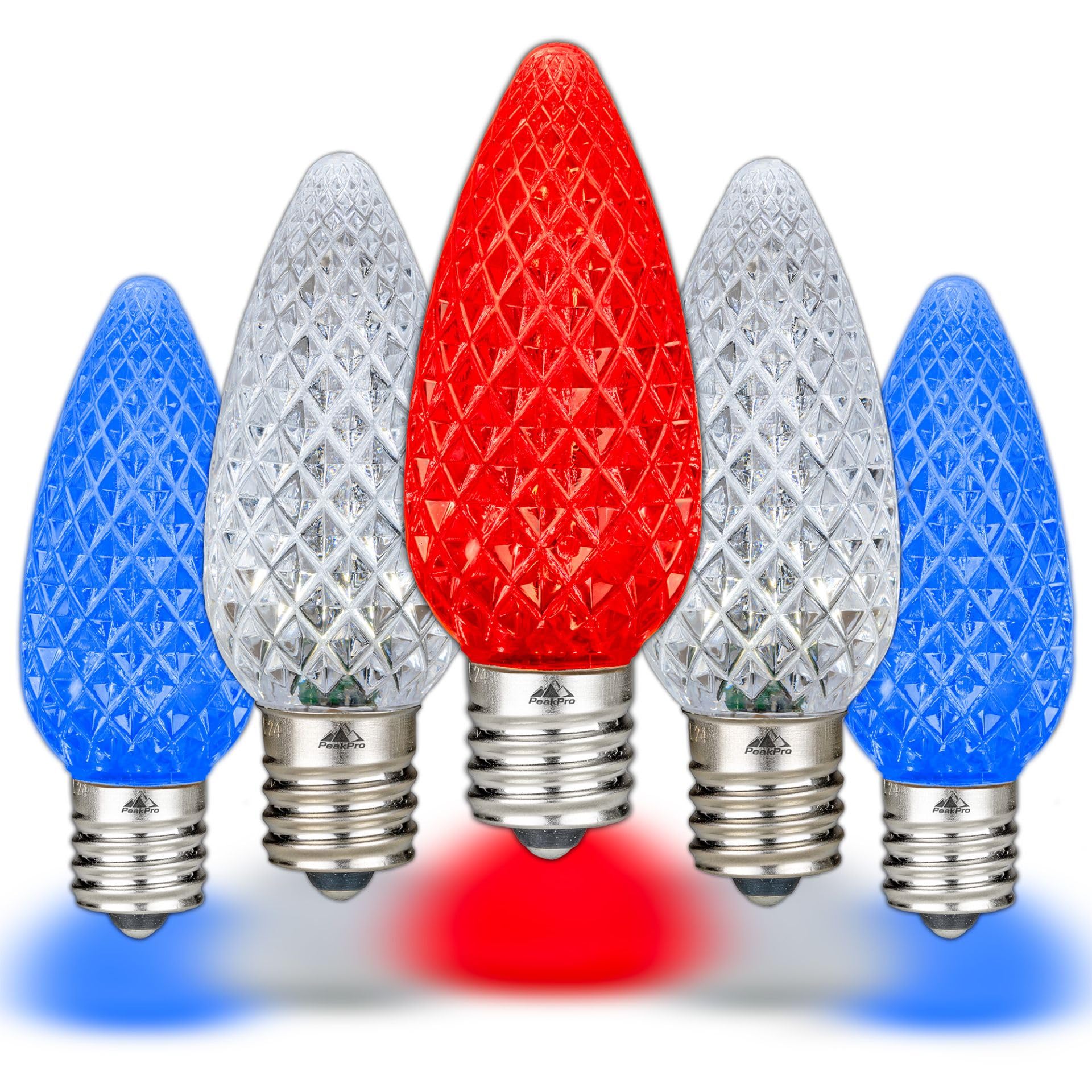 Novelty Lights 25PK C9 LED Faceted Ultra Bright Dimmable Outdoor Christmas Light USA Replacement LED Bulbs String Light (Red/Pure White/Blue)