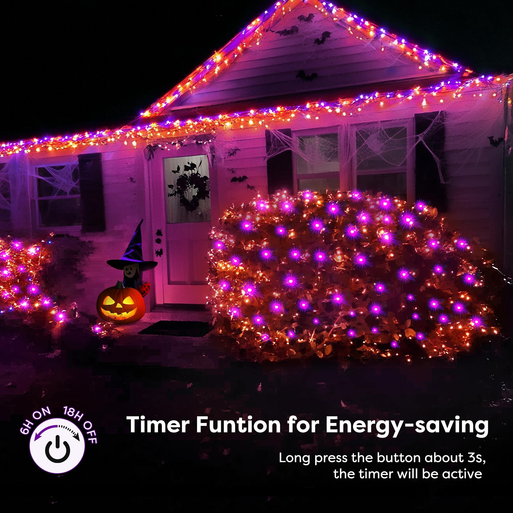 BlcTec Halloween Lights Outdoor 360 LED 9.8ft x 6.6in Orange Purple Waterproof Mesh Lights with Timer, Connectable, Green Wire