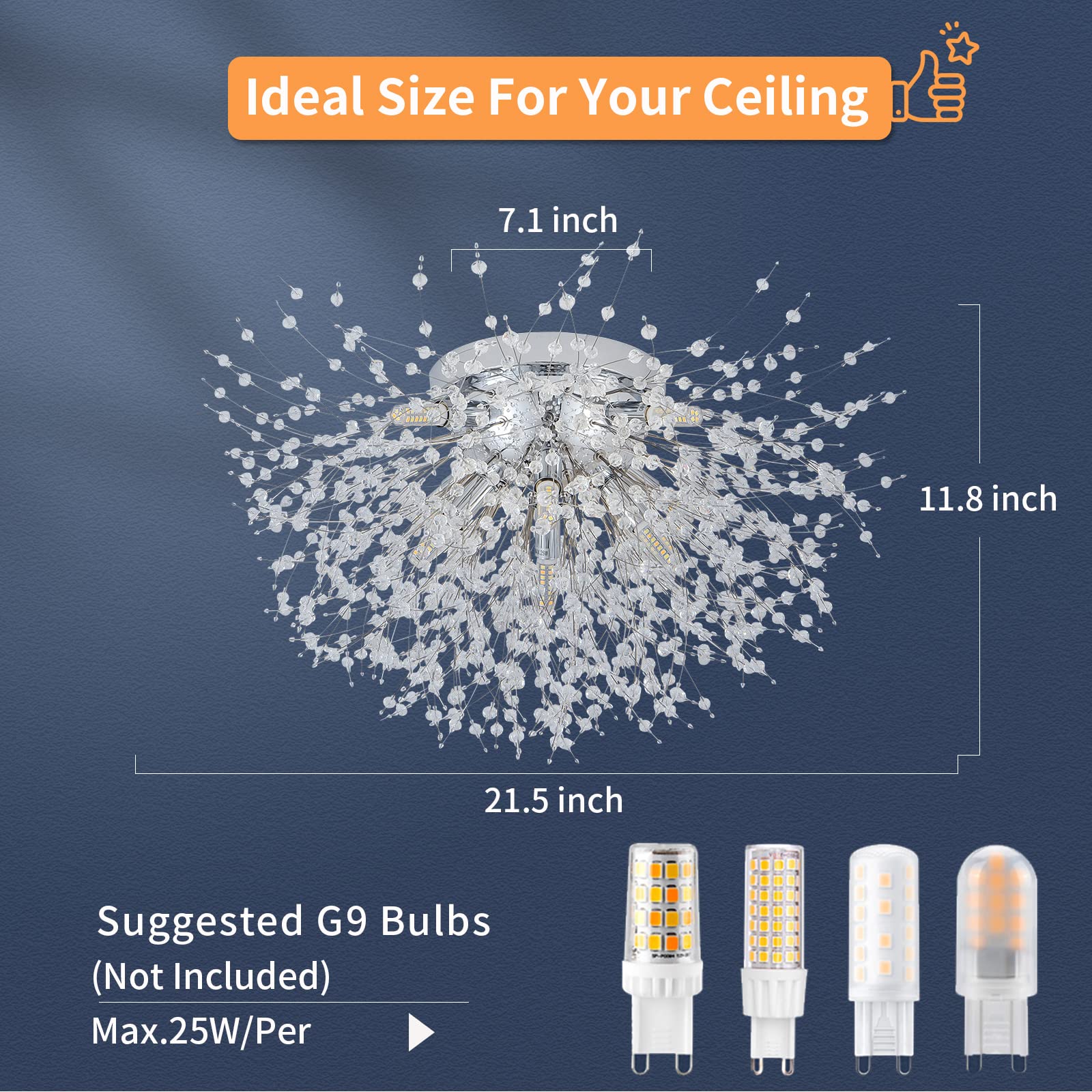 Sputnik Flush Mount Ceiling Light Fixtures, Modern Chrome Crystal Firework Chandelier, 8-Light Close To Ceiling Lighting Fixtures For Bedroom Kitchen Hallway Entryway(H11.8'' X W21.5'')