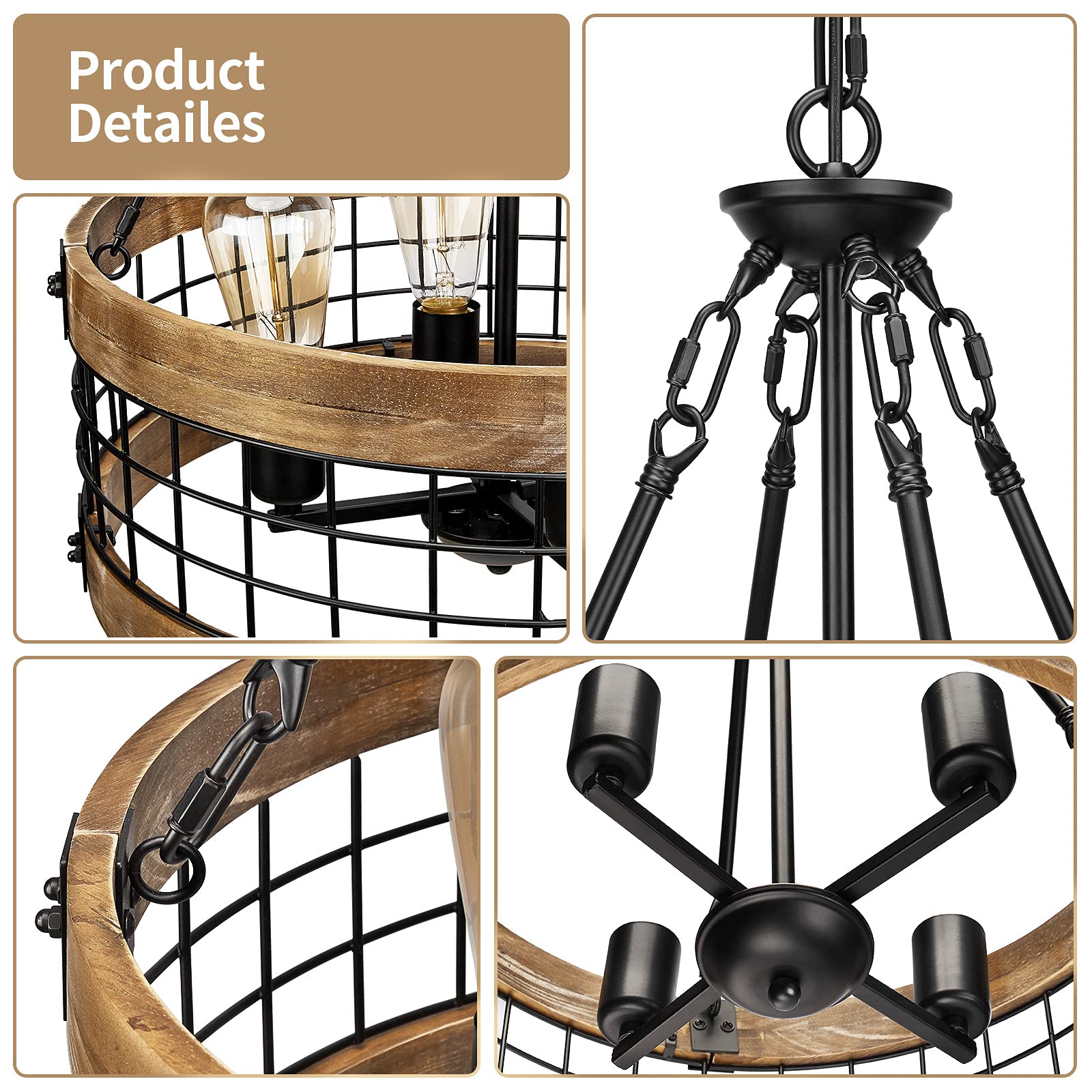 WOAEKR 4-Light Rustic Chandelier - Round Farmhouse Pendant Lighting, 17.8" Black Metal & Nature Wood Finish