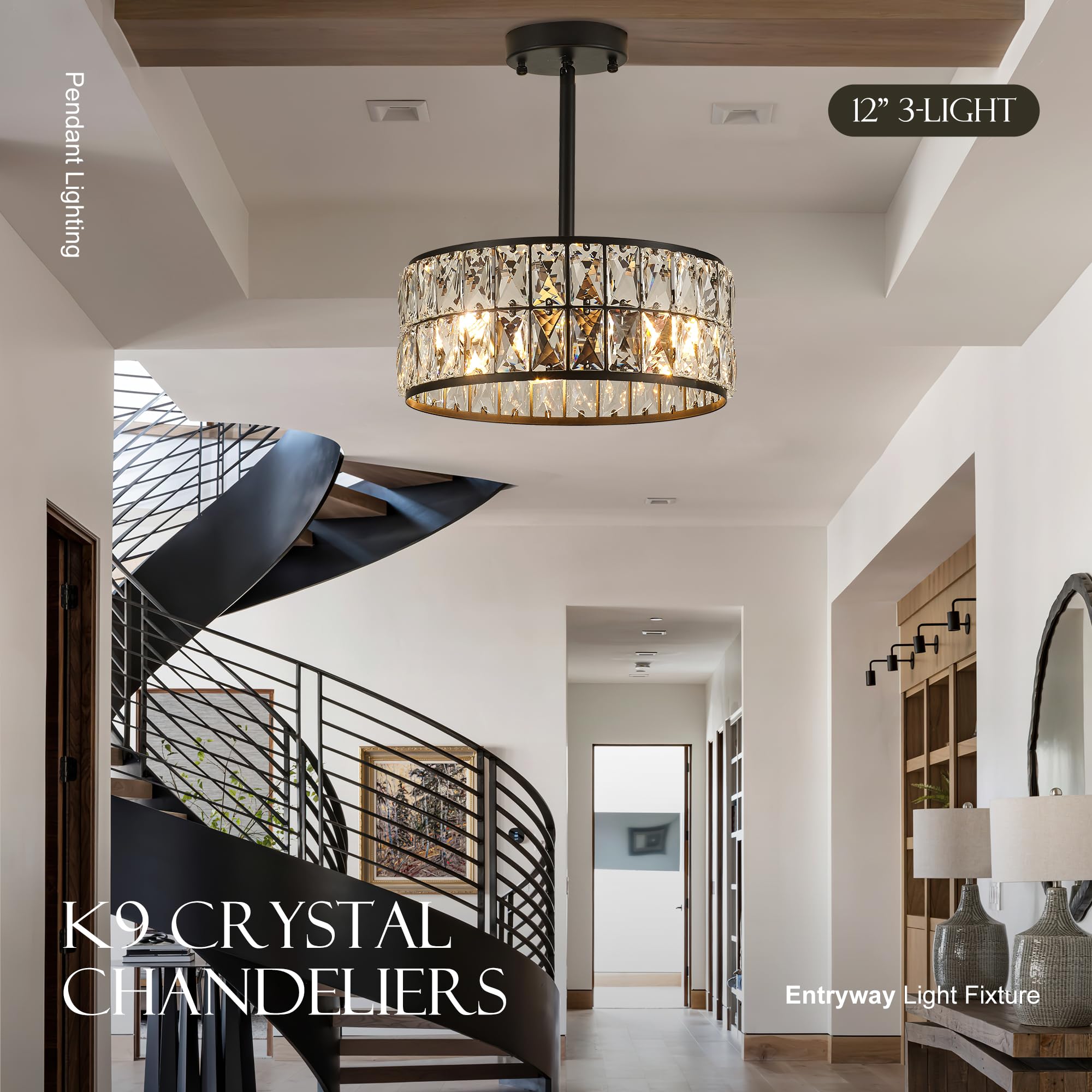 Salaiwei 12    3-Light Modern Crystal Chandeliers Black Dinning Room Light Fixture With Two Poles, Round Pendant Light Kitchen I