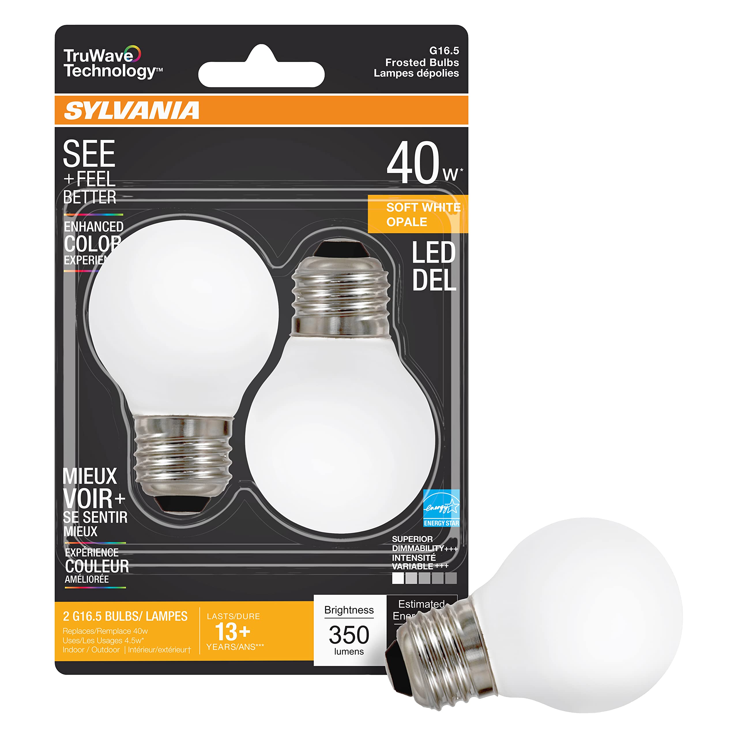 Sylvania Led Truwave Natural Series G16.5 Globe Light Bulb, 40W Equivalent, Efficient 4.5W, Medium Base, 350 Lumens Dimmable, Frosted, 2700K, Soft White (40799), 2 Count (Pack Of 1)