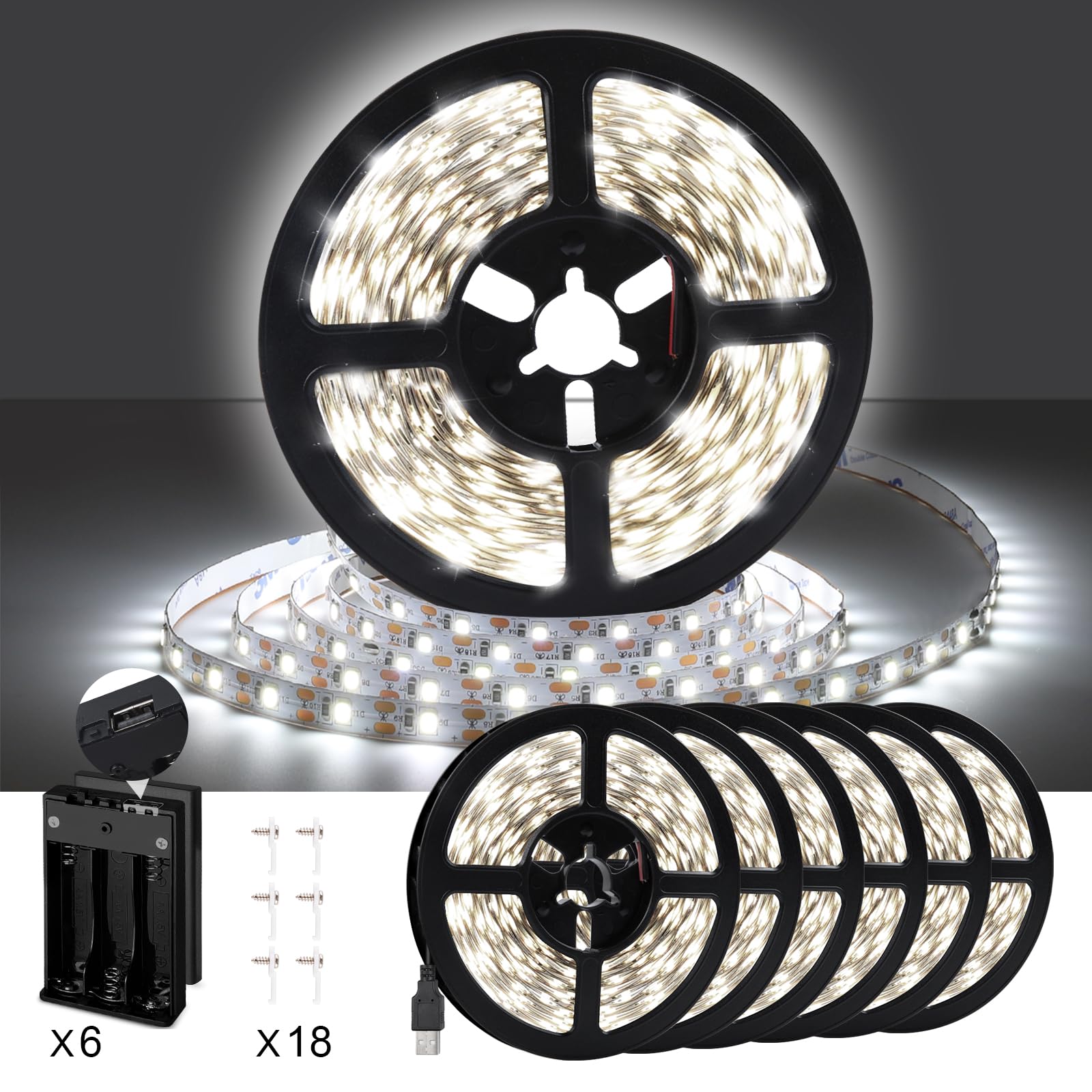 NEWREACH USB LED Light Strip 49.2ft, Daylight White, Cuttable, Plastic, Battery Box (Batteries Not Included)