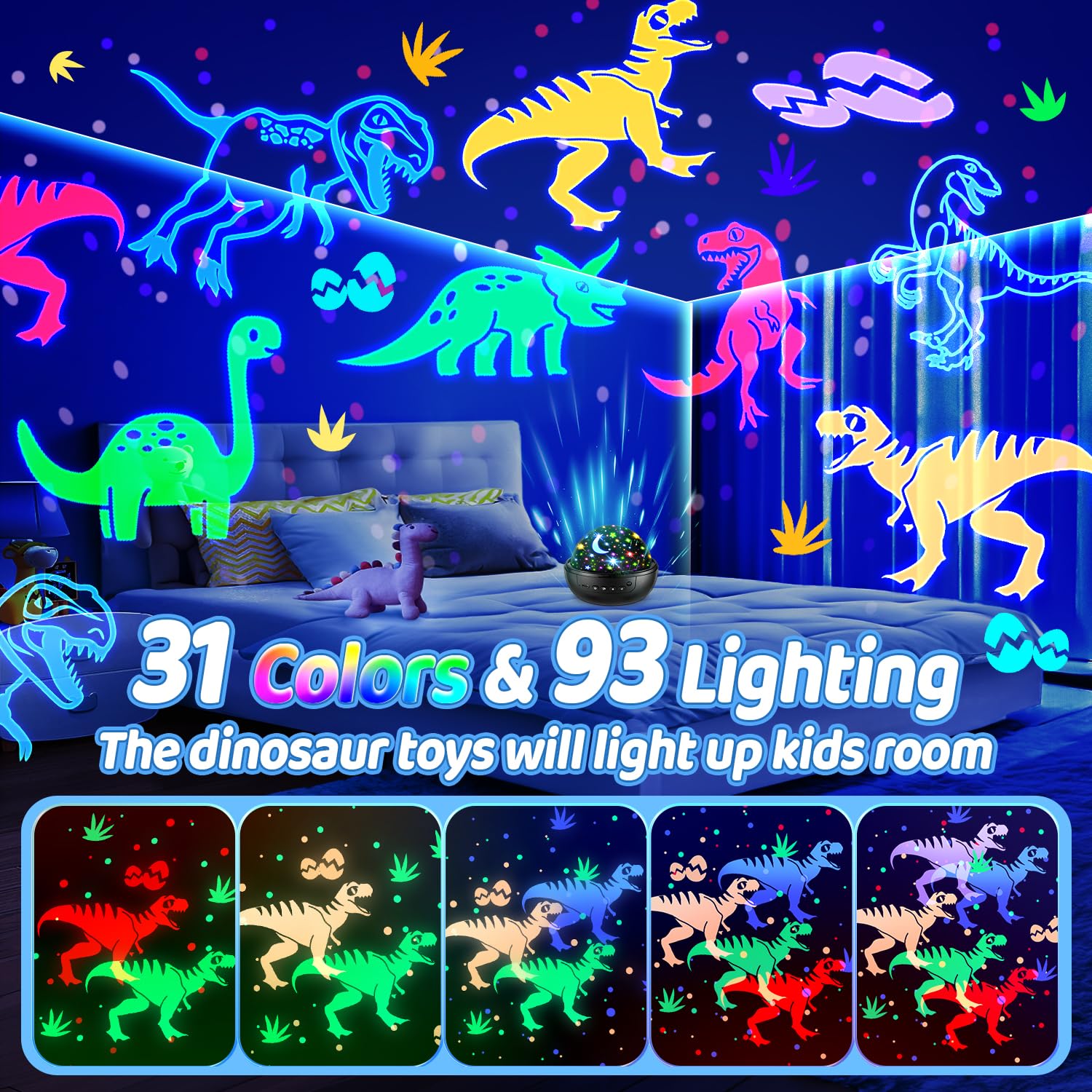 Dinosaur Toys For Kids 5-7, Remote+3 Films+93 Effects Kids Night Light Projector For Kids Room, 3 Timer+5 Brightness Dinosaur To