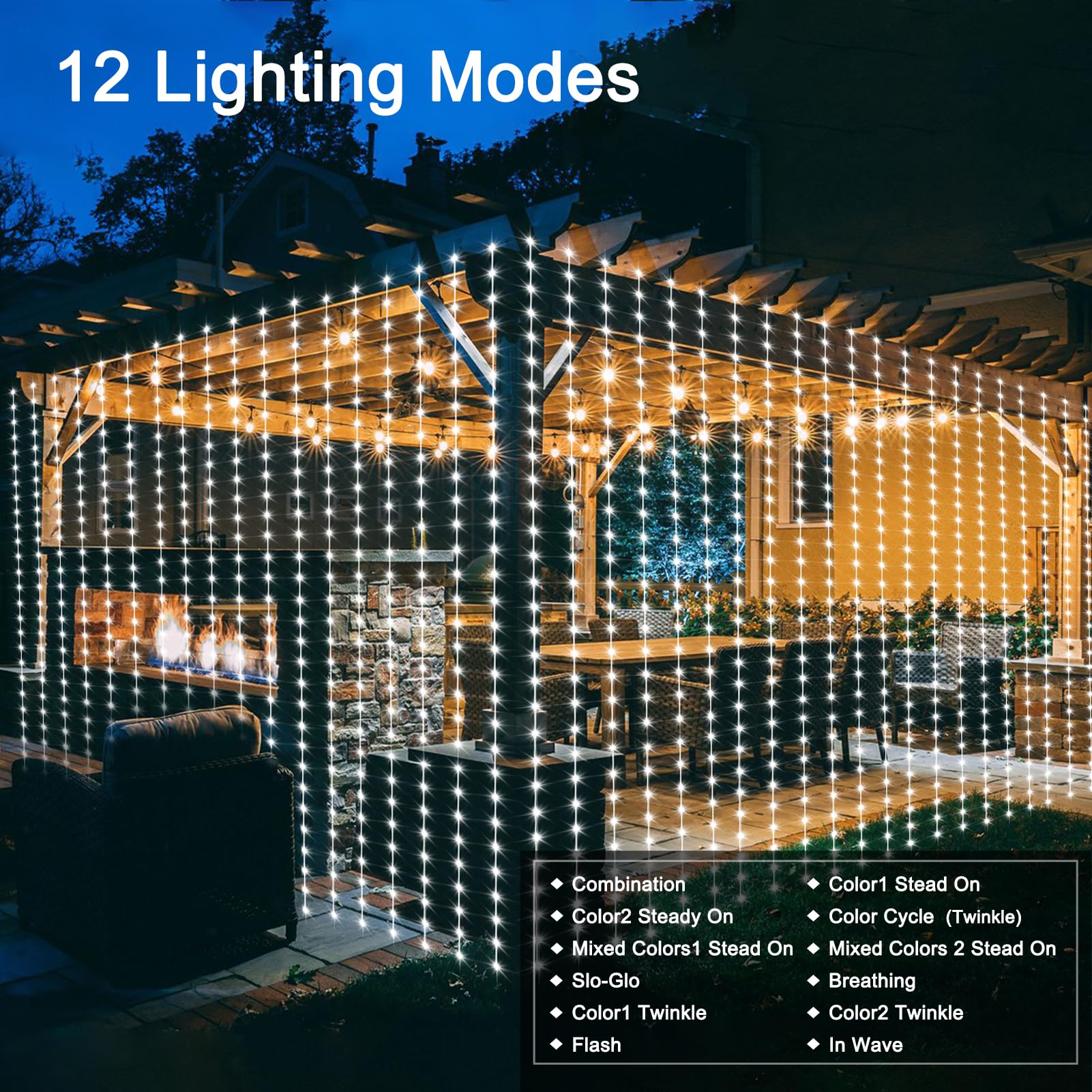 echosari 20Ft x 10Ft Curtain Lights, 600 LED Dual Color Waterproof with Remote, Cool White & Multicolor, Model DMO-300