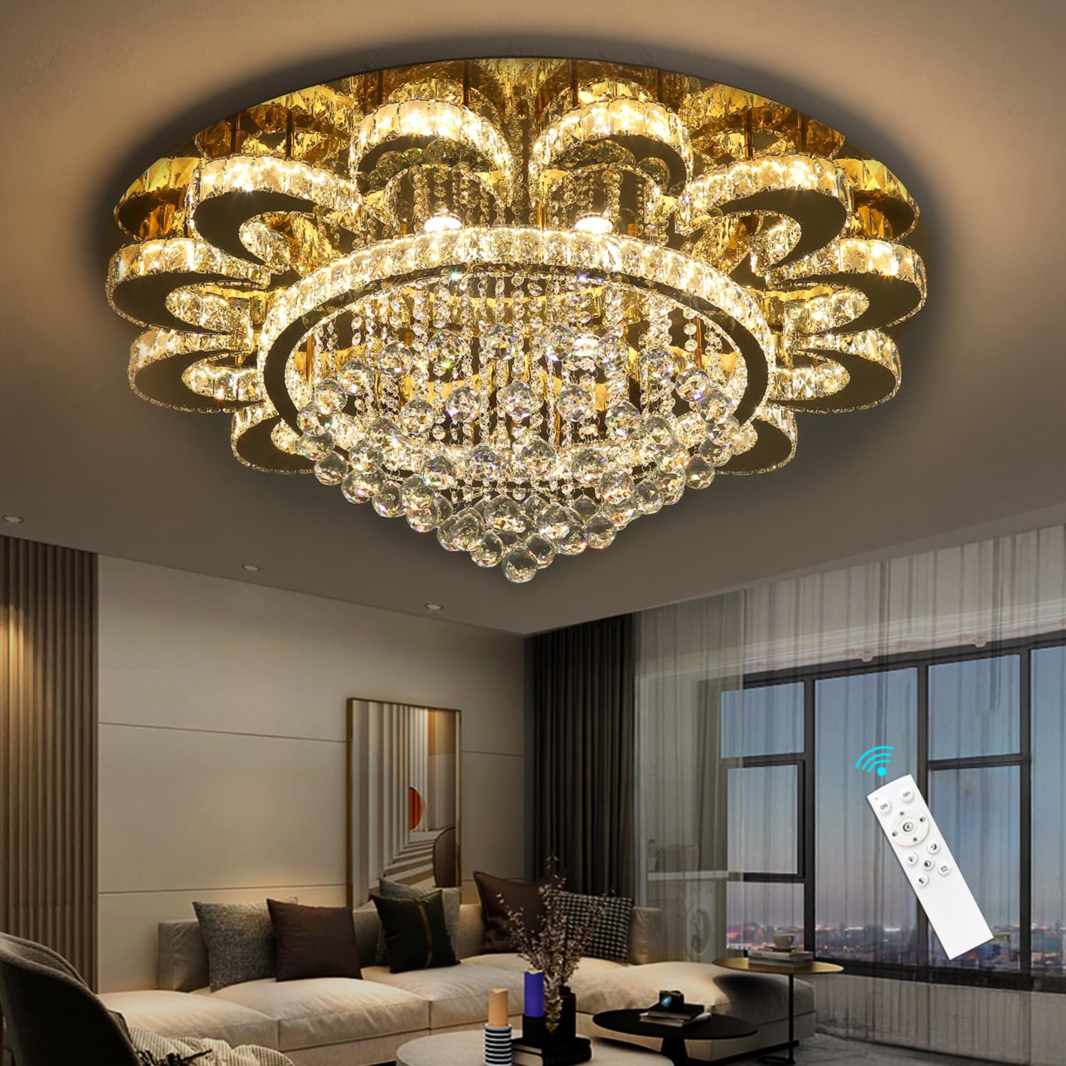 HAIXIANG Modern Chandelier Living Room Light Glam Chandeliers Ceiling Light Fixture Remote Dimmable Lights 40 Inches Elegant Crystal Gold Dining Room Lights