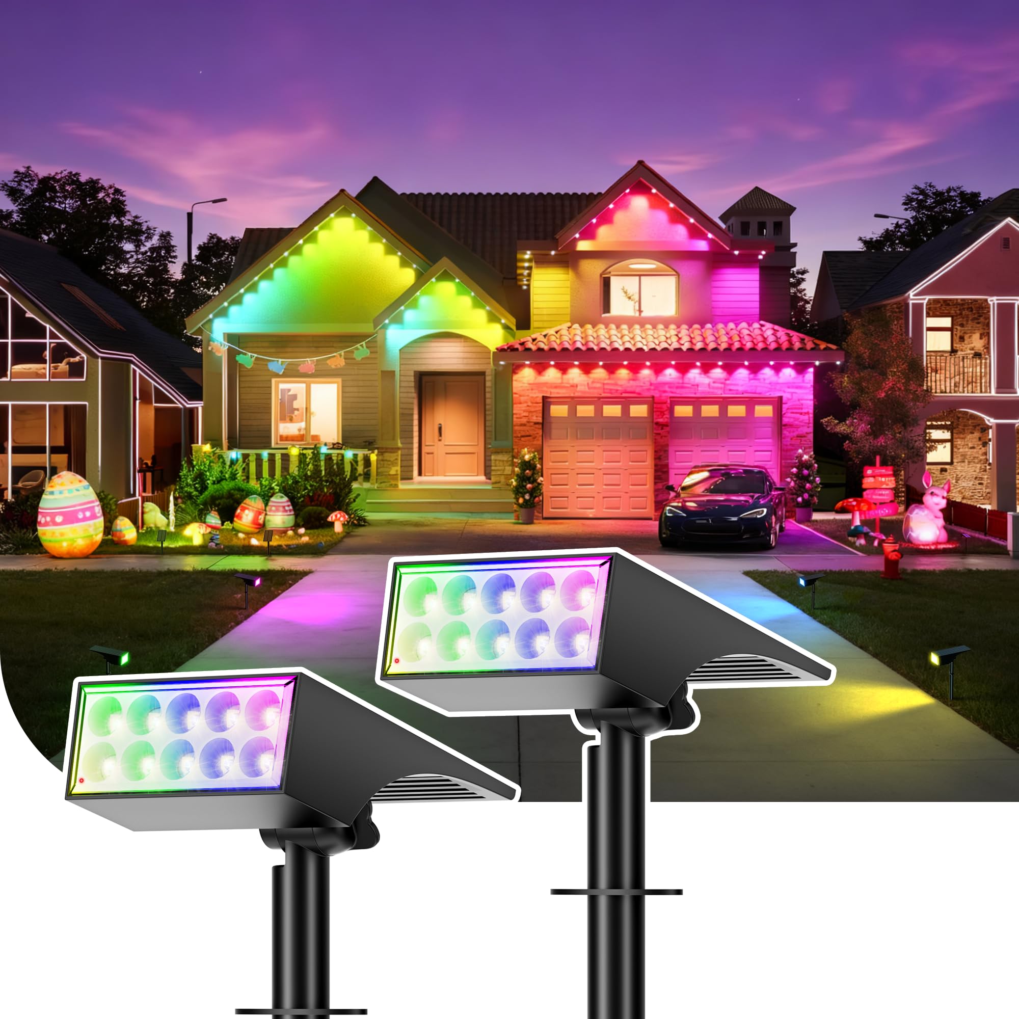 Wenaty Solar Spot Lights Outdoor Color Changing  [7 Mode/2 Pack] Christmas Landscape Spotlights  Solar Lights Outdoor Waterproof Led Powered Flood Light For Halloween Pathway Yard Garden Tree Walkway