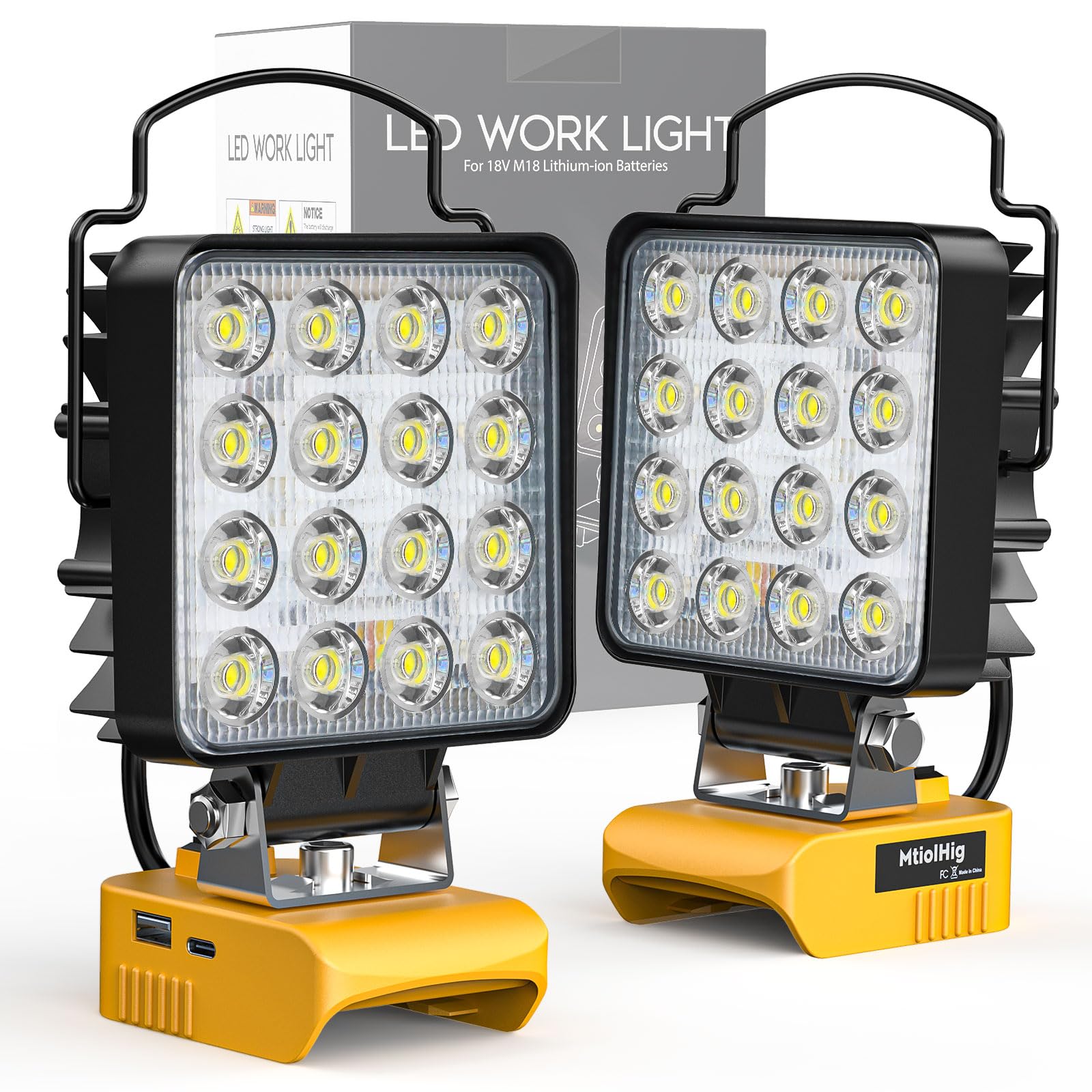 2Pcs Cordless Led Work Light For Dewalt 18V 20V Battery, 48W 4800Lumens Underhood Work Light Tool Gifts For Men, With Usb & Type-C Charging Port For Workshop,Garage,Jobsite,Car Repairing